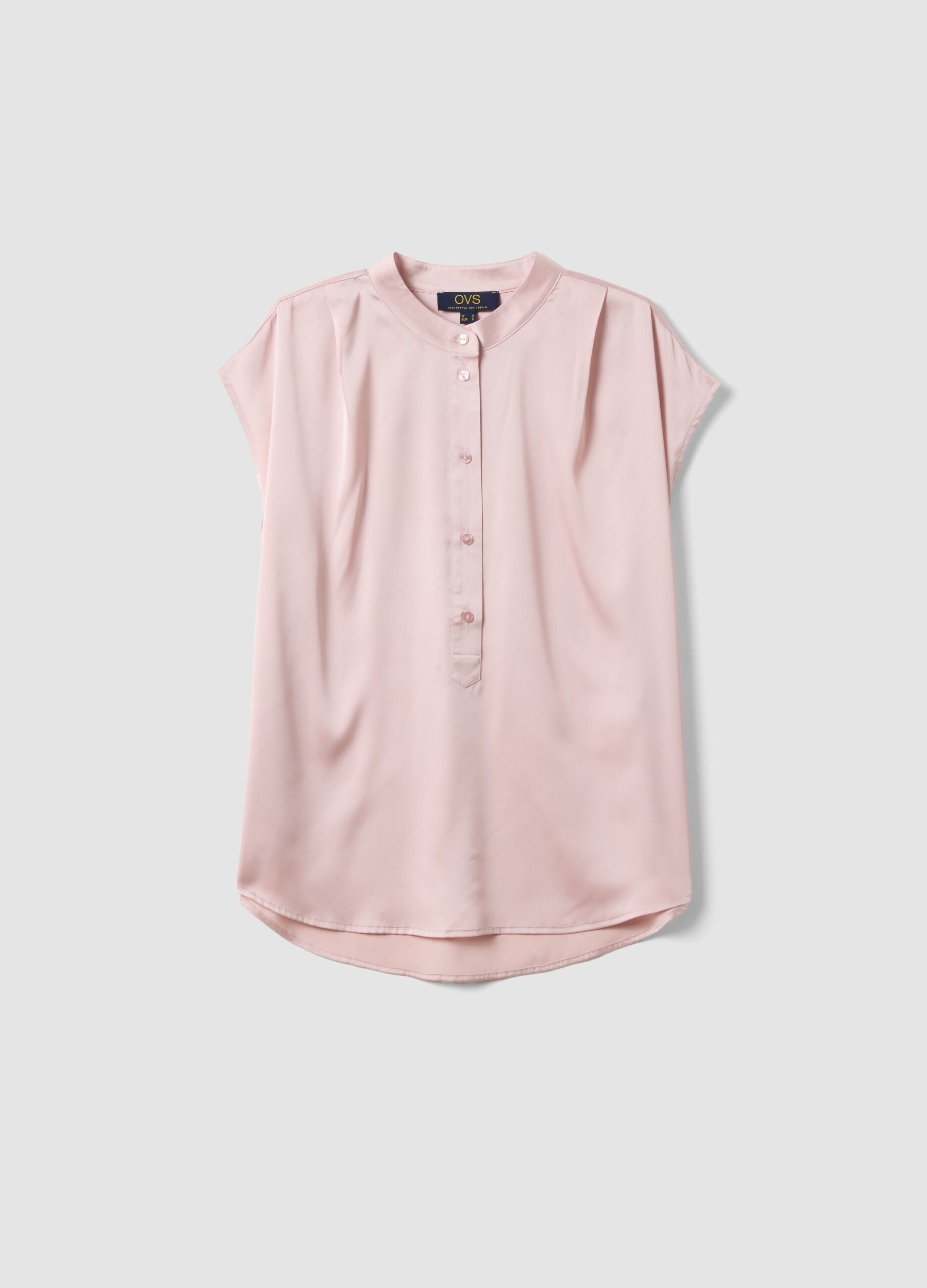 Regular fit pink short-sleeve blouse with a Mandarin collar