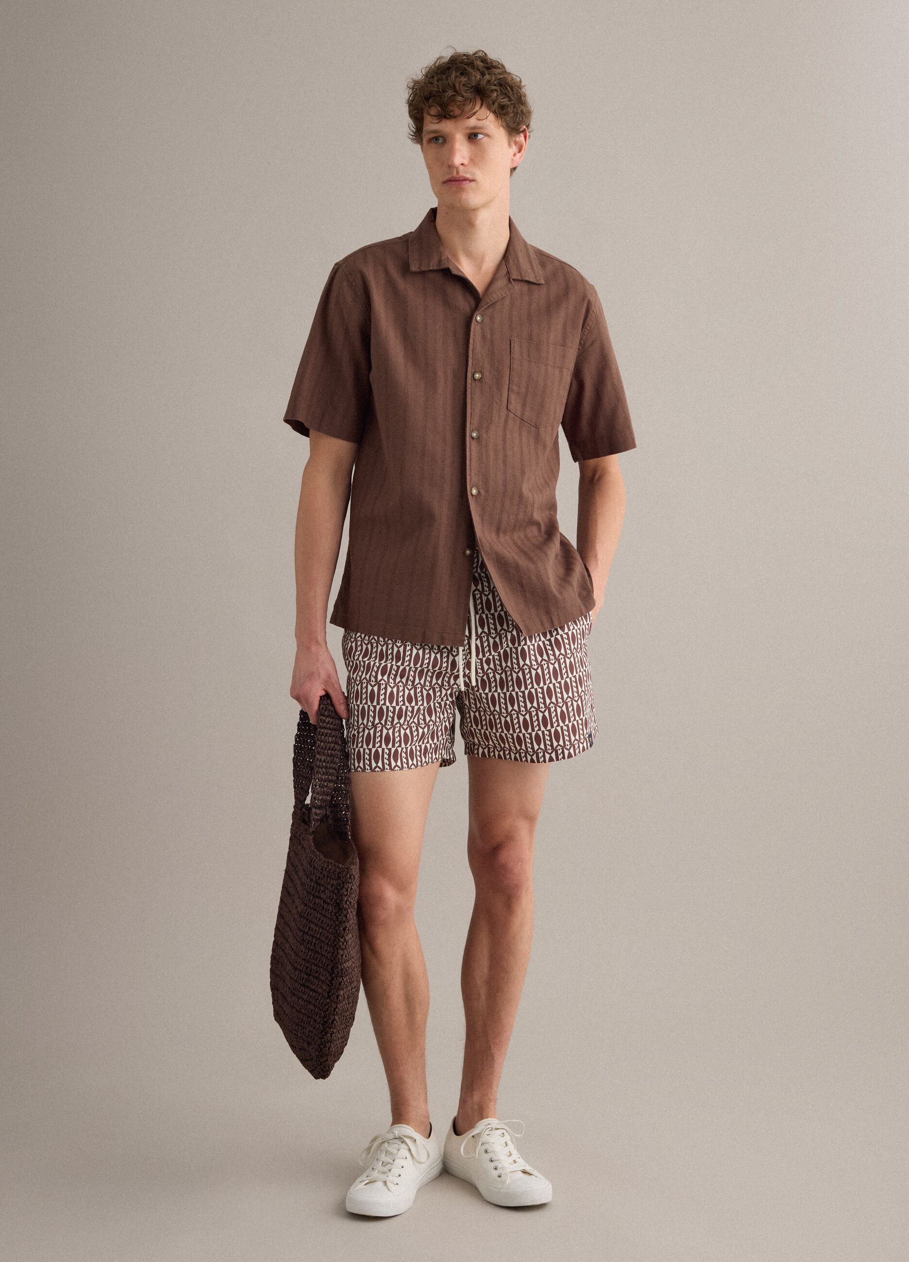 Brown geometric-print swim shorts