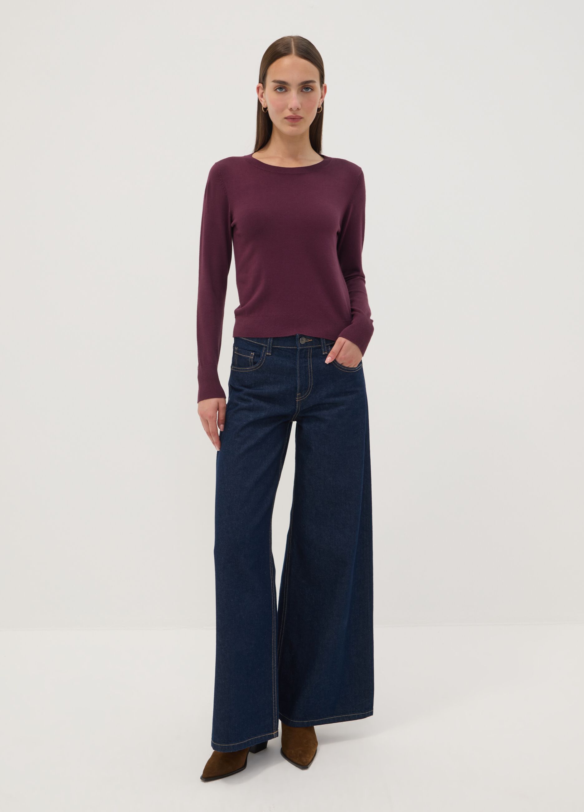 Purple viscose-blend crew-neck top