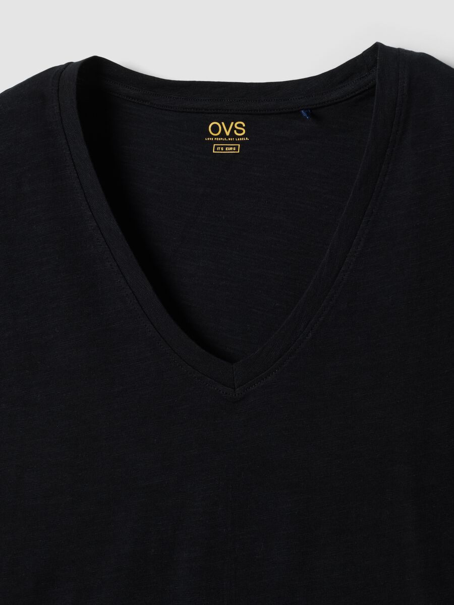 Blue pure cotton V-neck T-shirt_5
