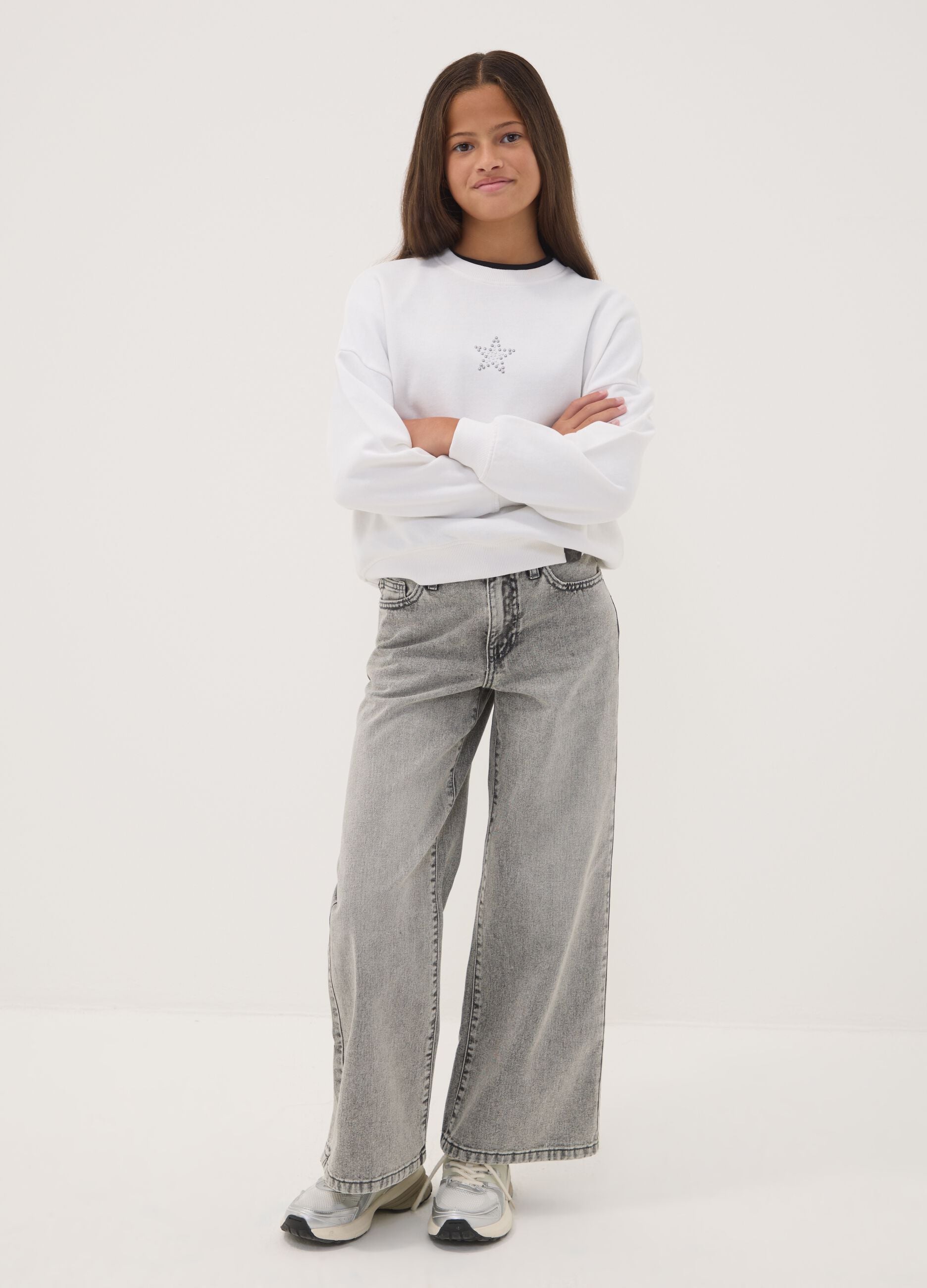 Girls&rsquo; grey wide-leg jeans in pure cotton