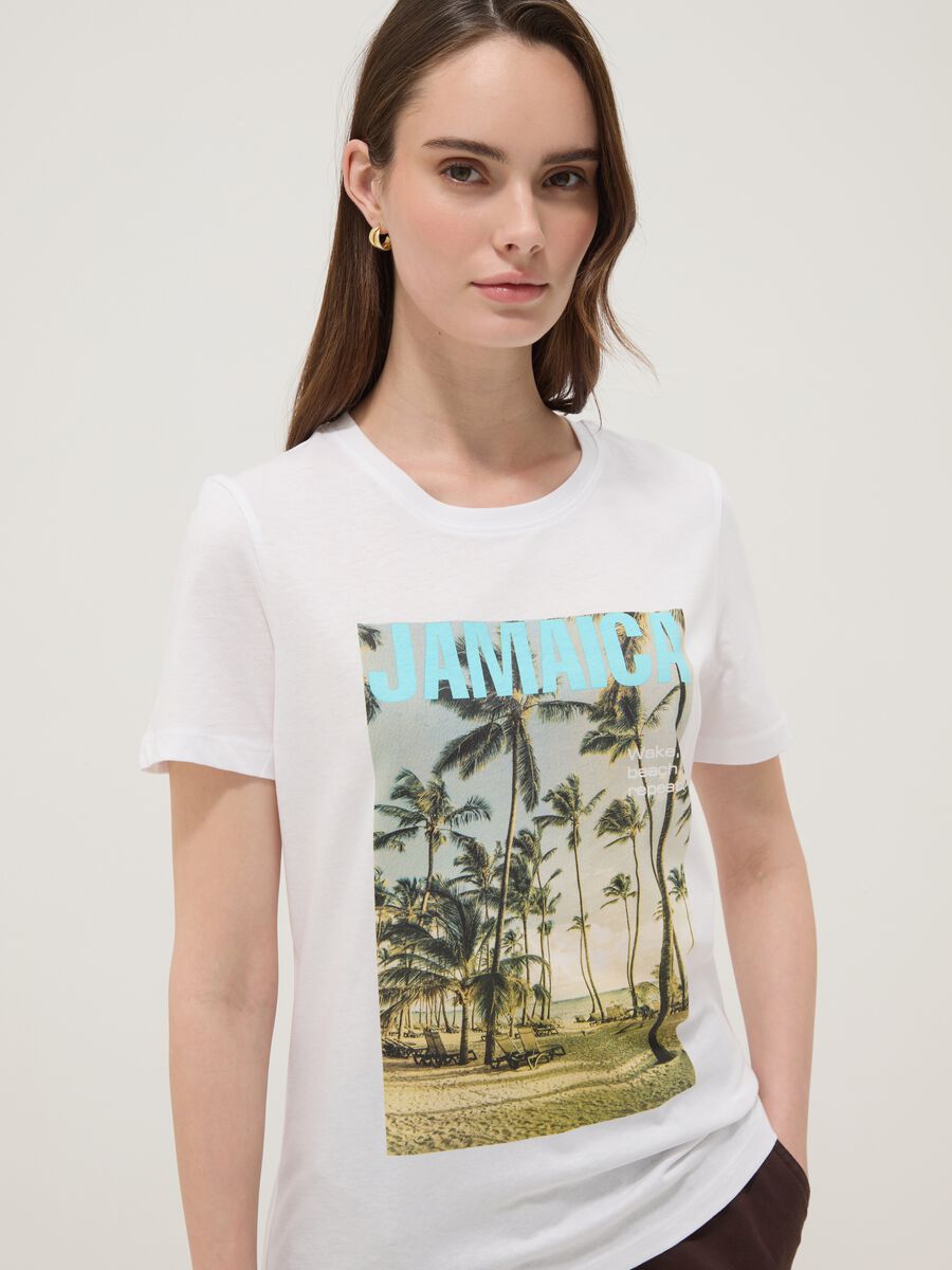 White pure cotton T-shirt with front print, regular fit_1