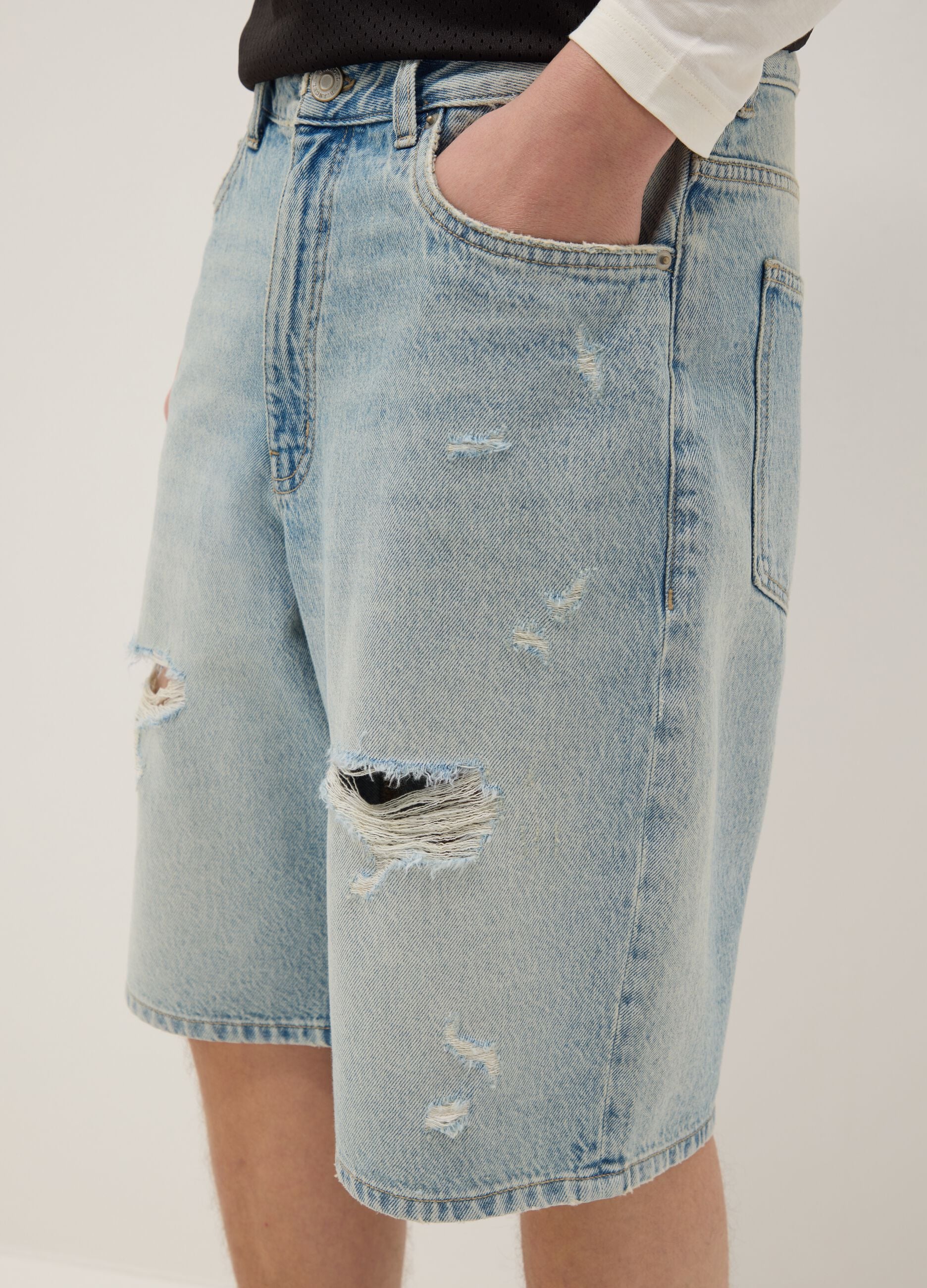 Blue denim skater fit pure cotton shorts with rips