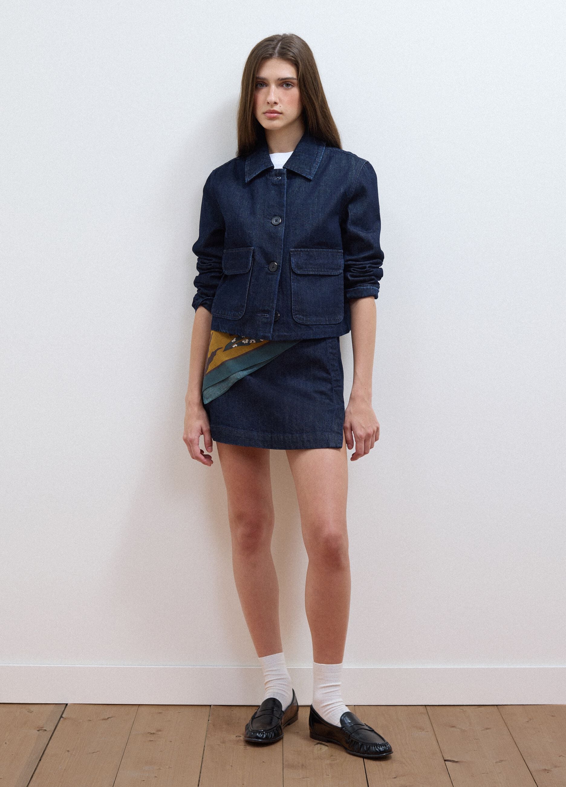 Blue cropped pure cotton denim jacket, regular fit