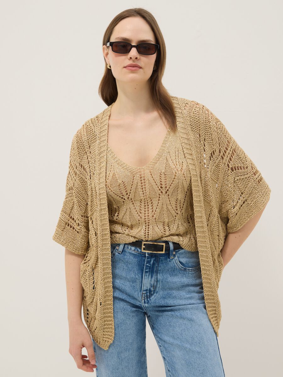 Beige openwork viscose-blend cardigan_0