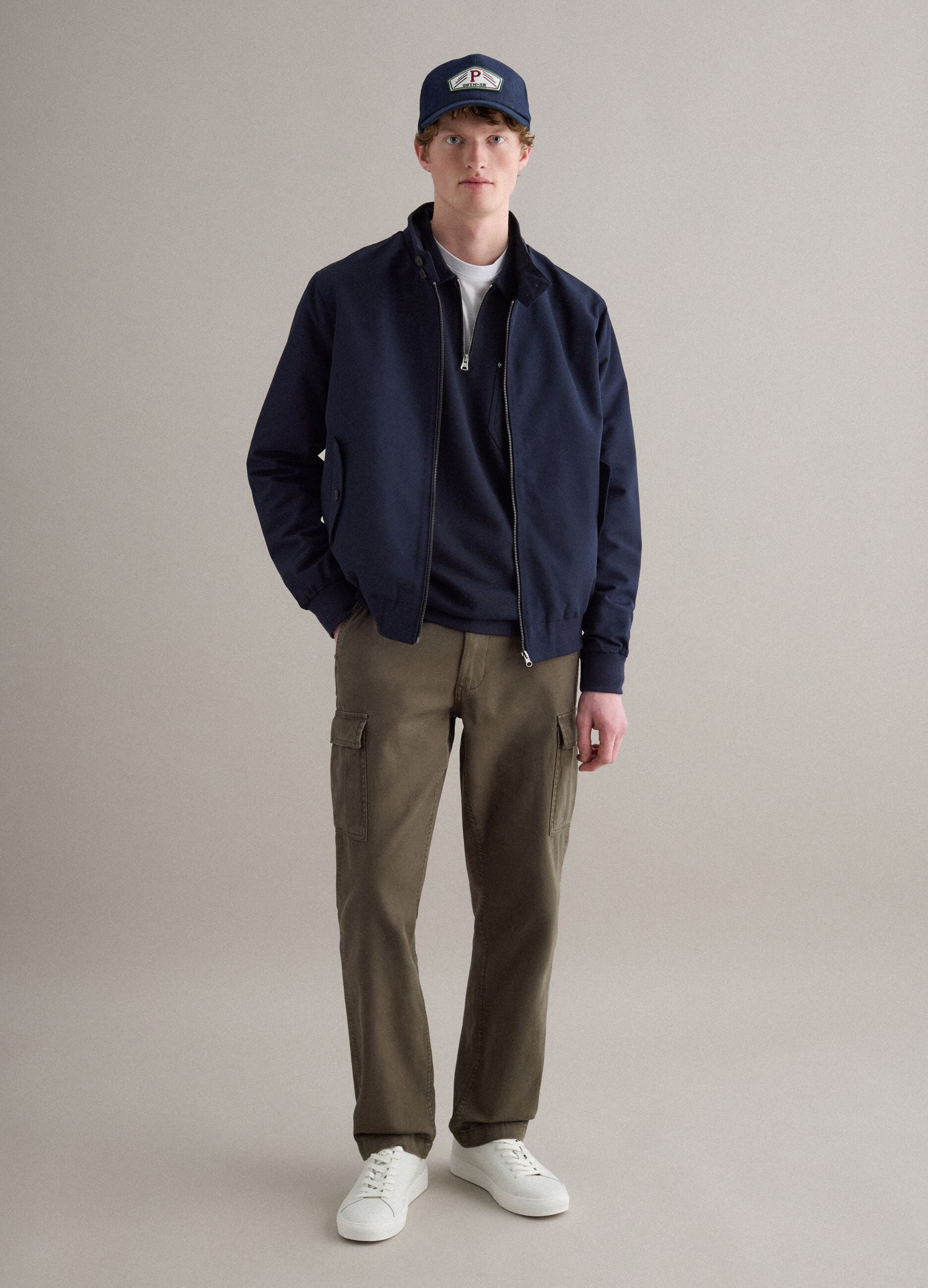 Green regular fit cotton and linen cargo trousers