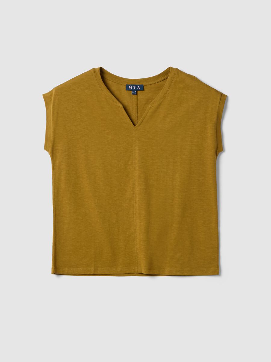 Yellow pure cotton regular fit V-neck T-shirt_4