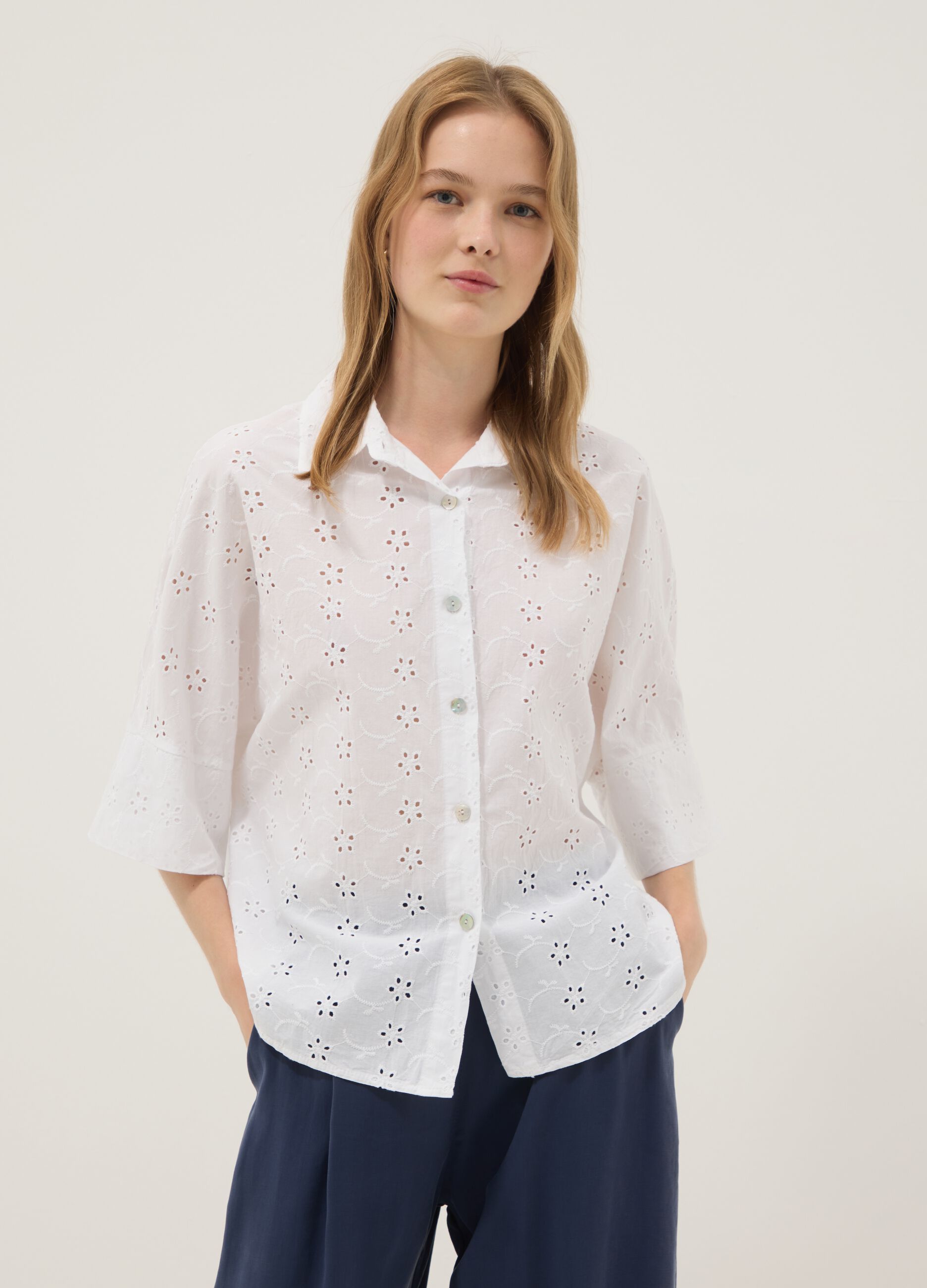 White broderie cotton shirt, regular fit