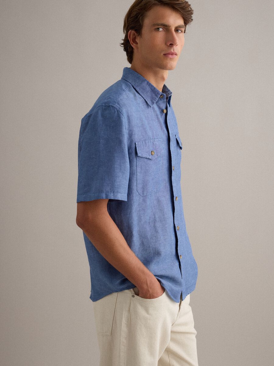 Men's blue shirt in linen and cotton blend_0