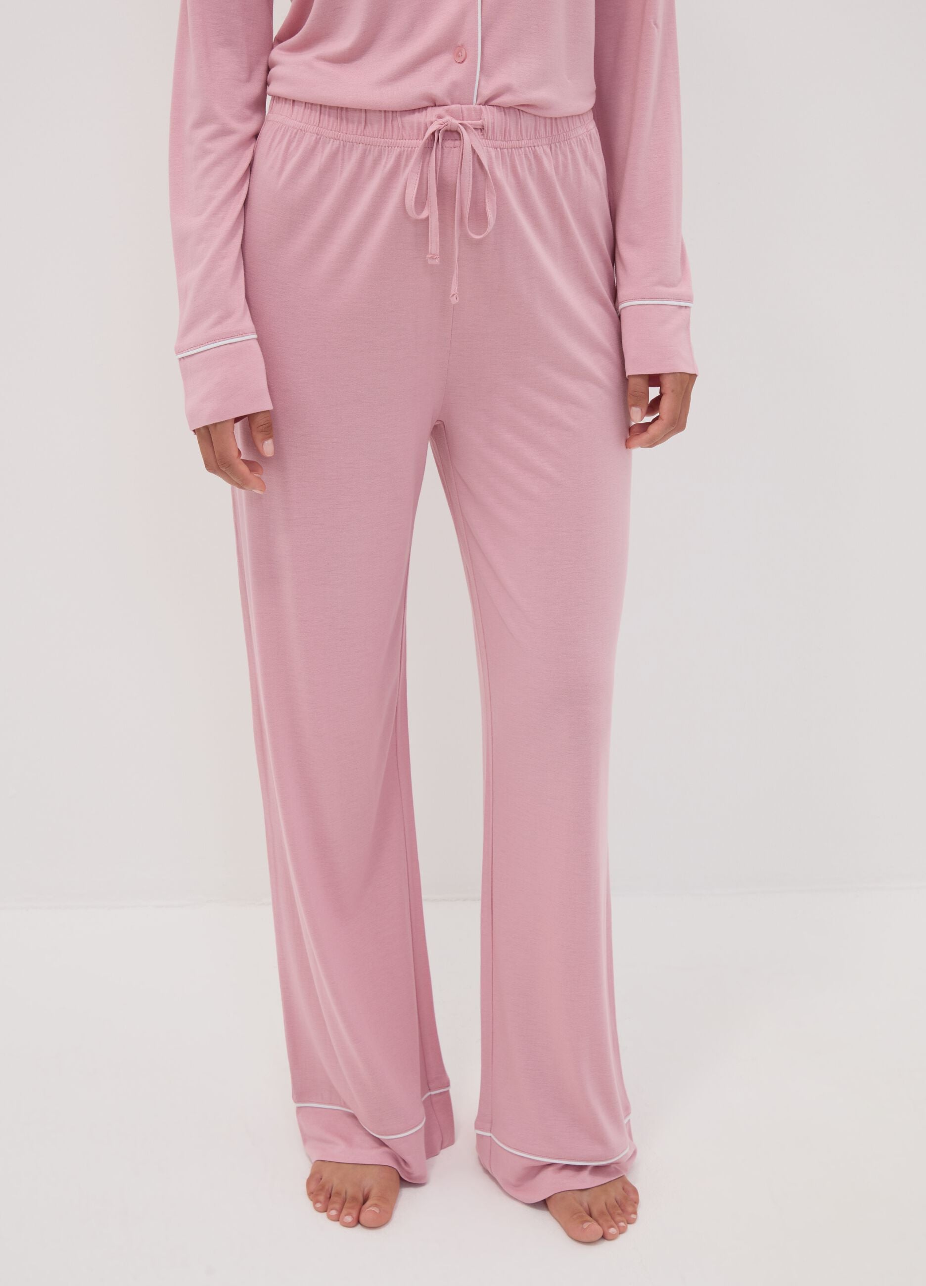 Pink pure viscose pyjama trousers with drawstring, regular fit