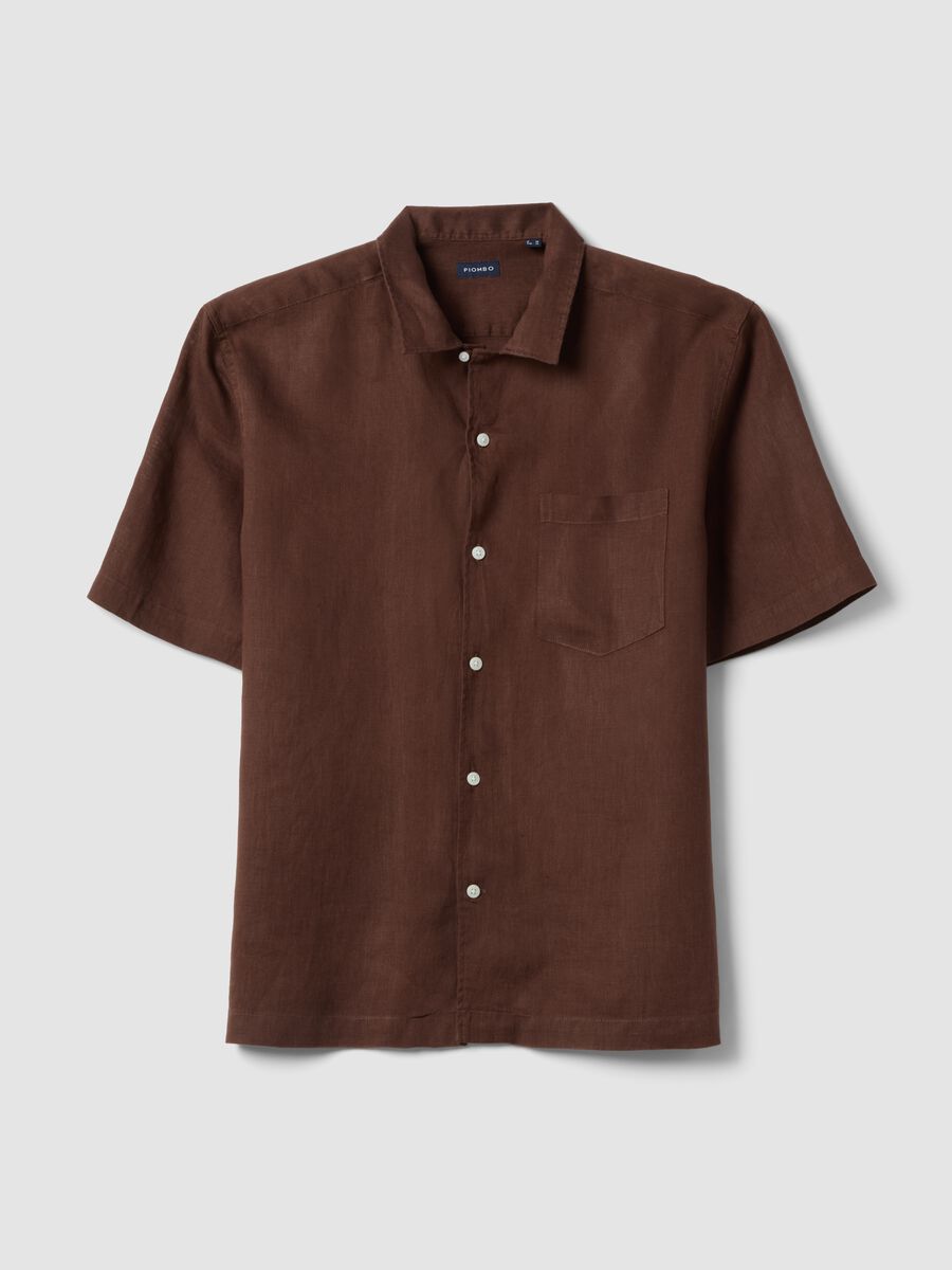 Camicia a maniche corte in puro lino marrone regular fit_5