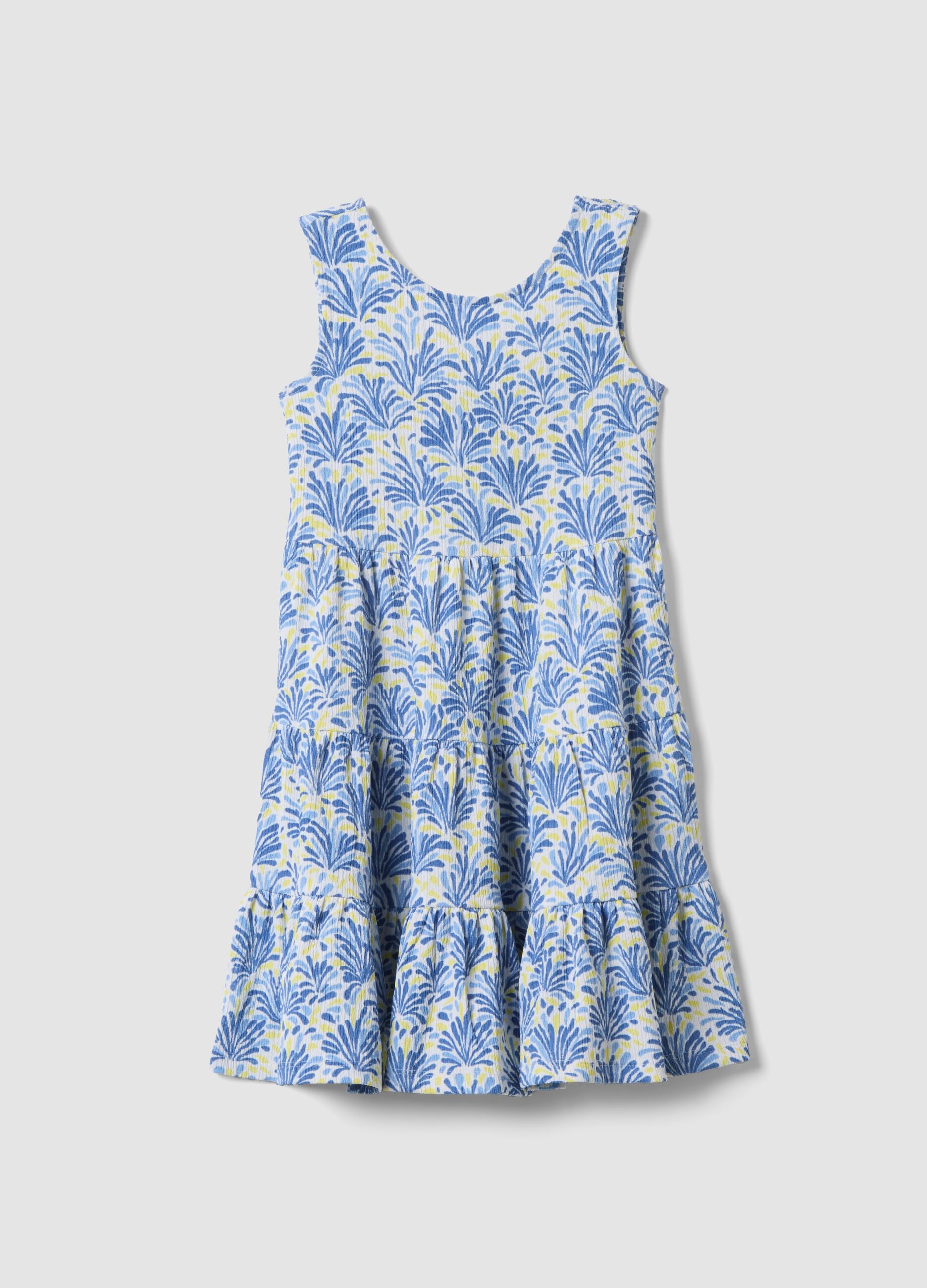 Blue sleeveless stretch jersey dress with floral print for girls