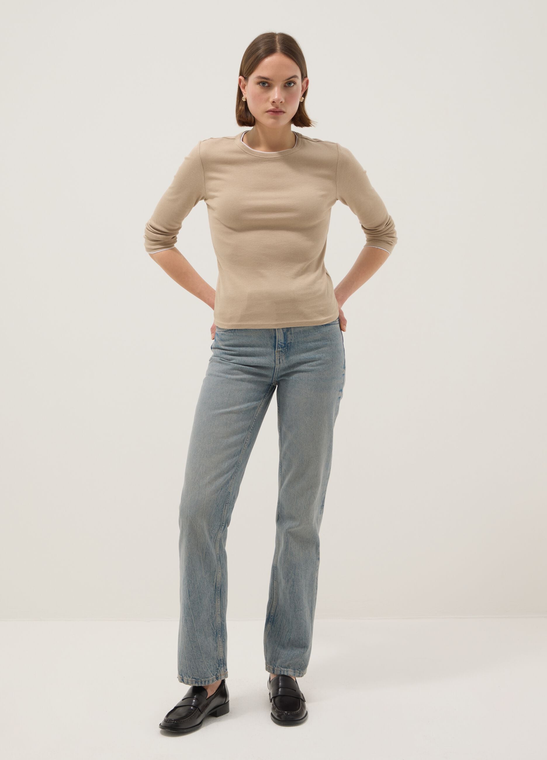 Beige pure cotton long sleeve shirt regular fit
