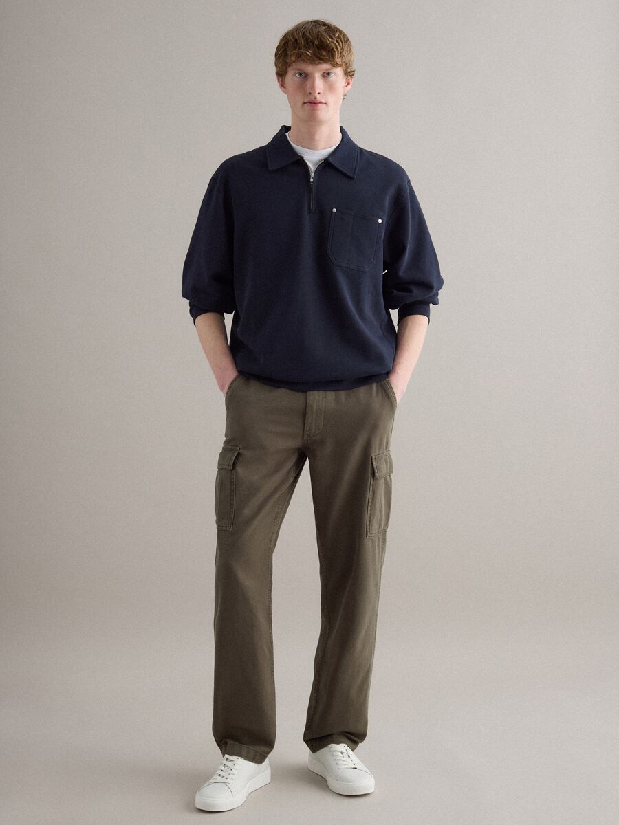 Felpa in puro cotone blu regular fit con mezza zip e colletto_2