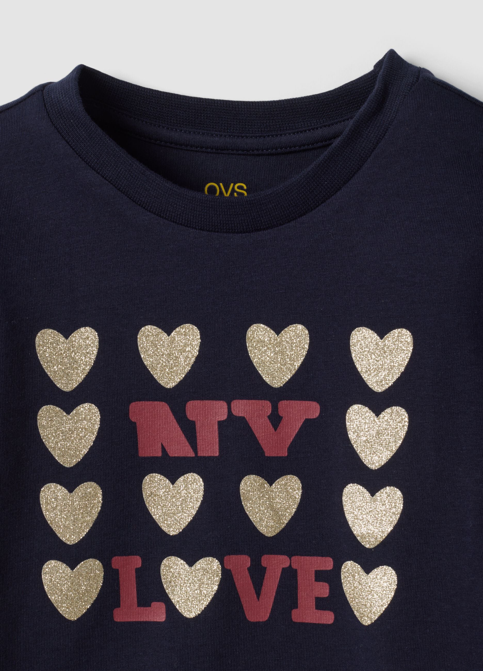 Blue pure organic cotton T-shirt with glitter heart print for girls