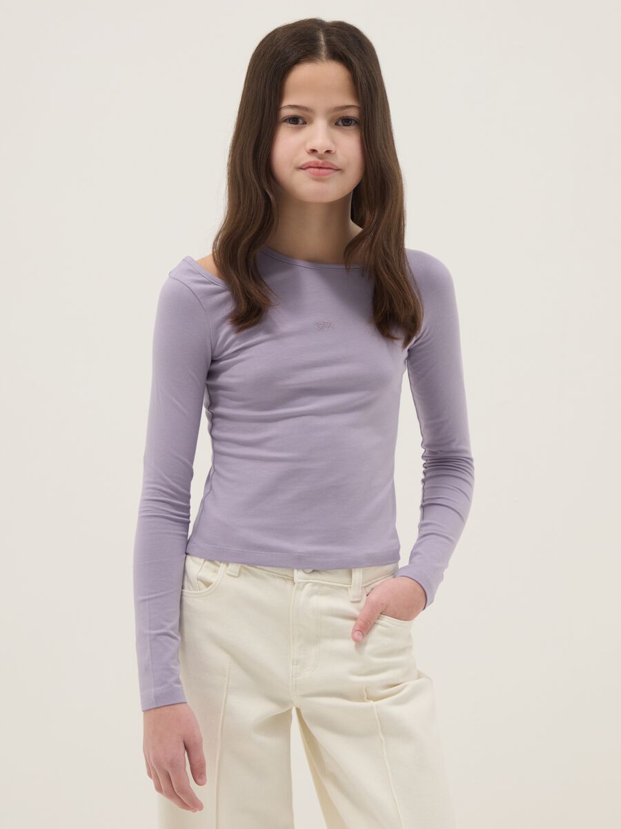 Maglia in misto cotone viola da ragazza slim fit con scollo a barca_0