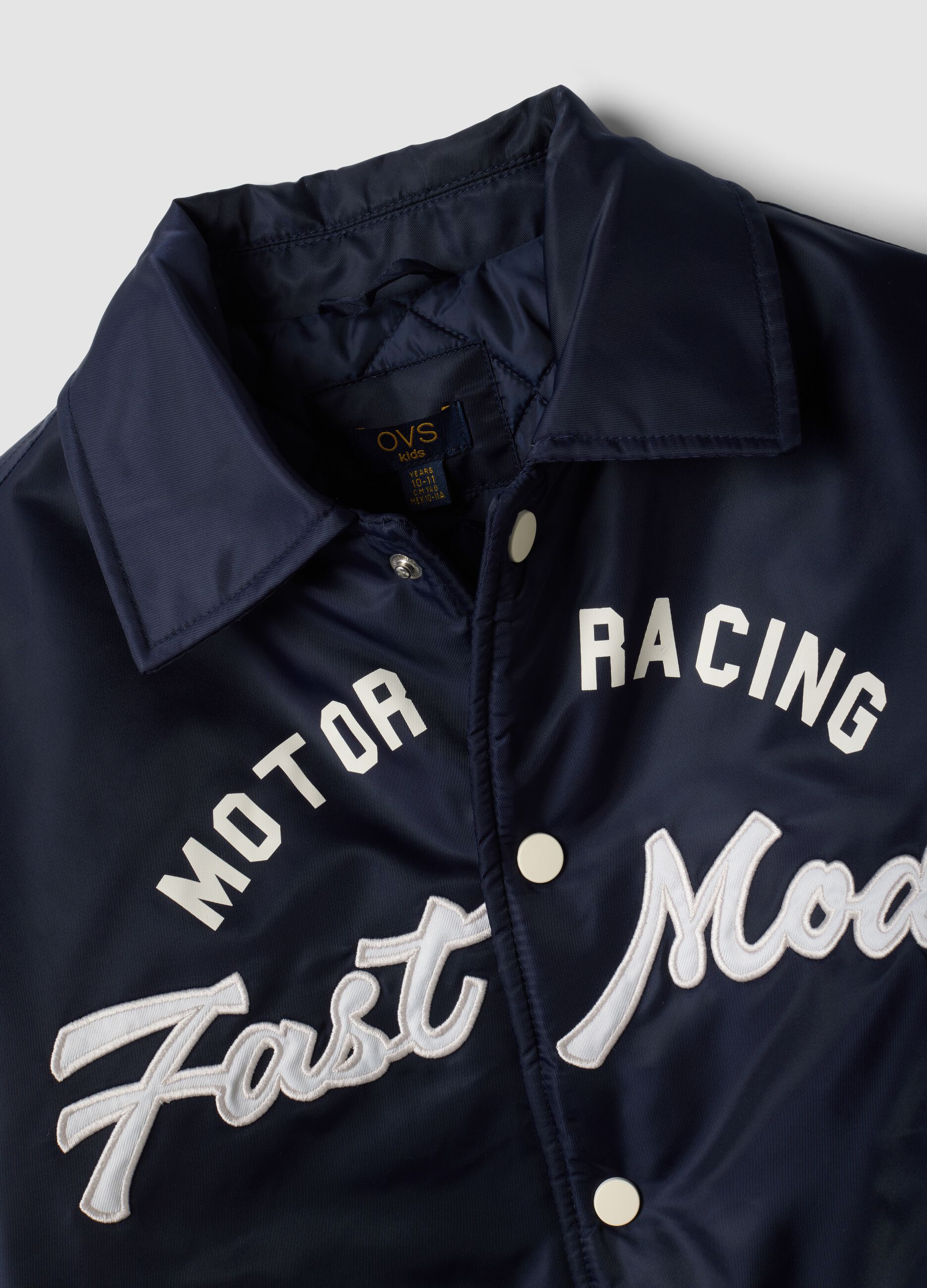 Blue varsity jacket with zip and racing print