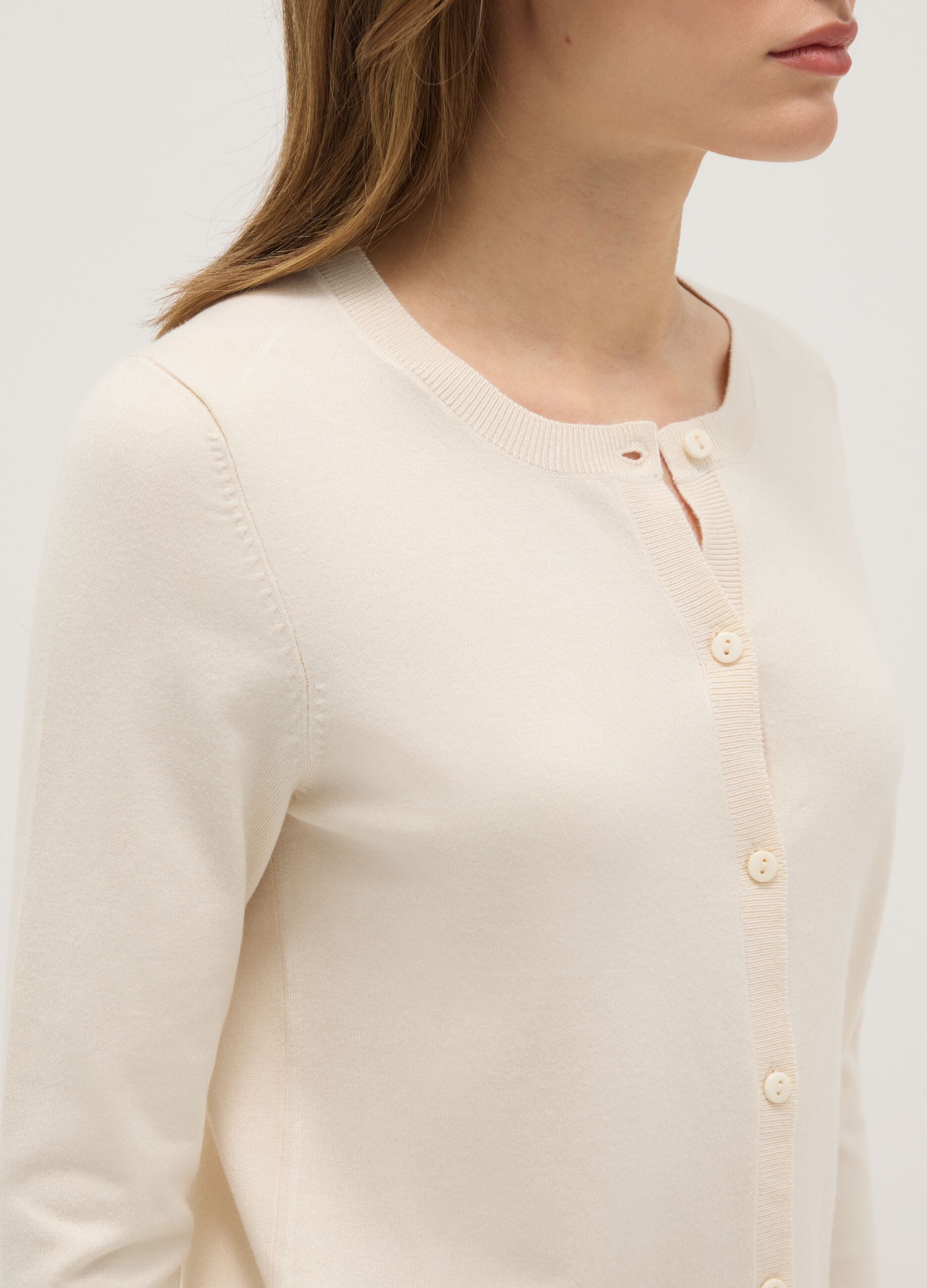 Beige Crew Neck Cardigan Regular Fit
