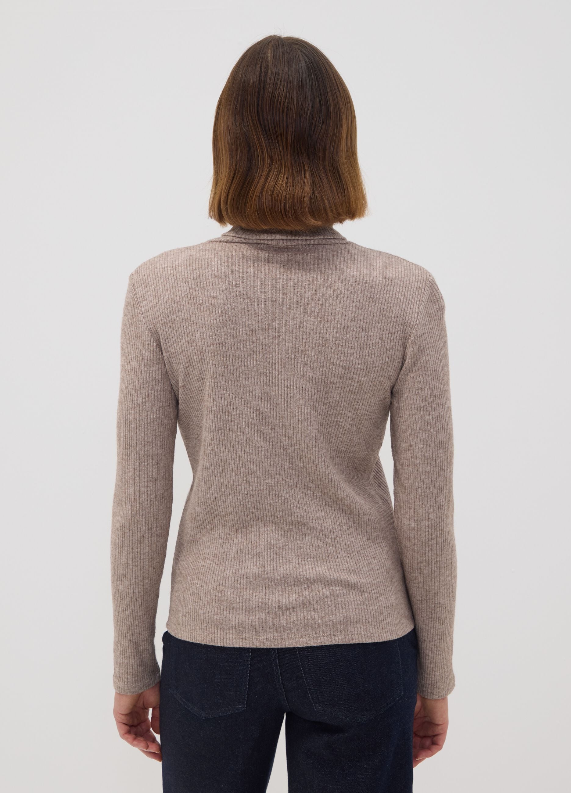 Beige ribbed viscose-blend crew-neck jumper