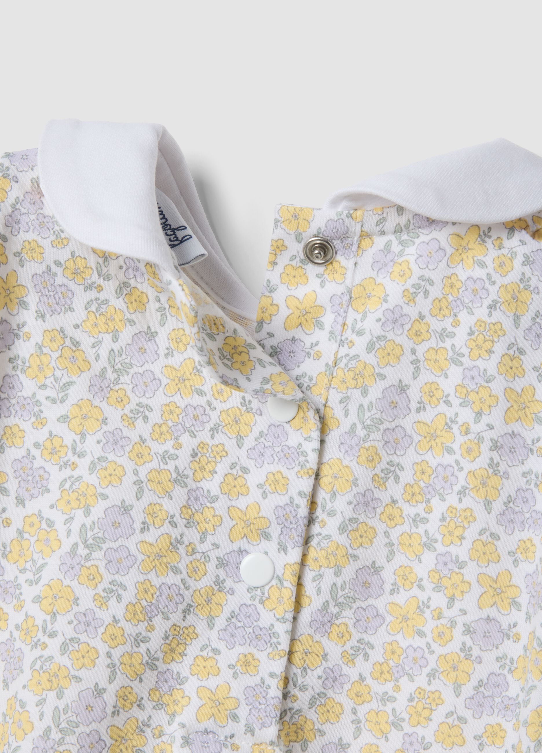 White pure organic cotton bodysuit with collar and floral print