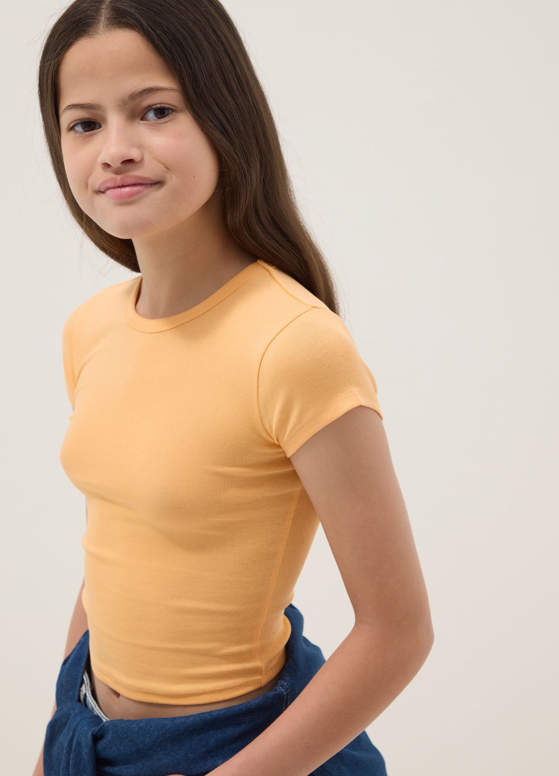 Girls' fitted orange stretch cotton T-shirt
