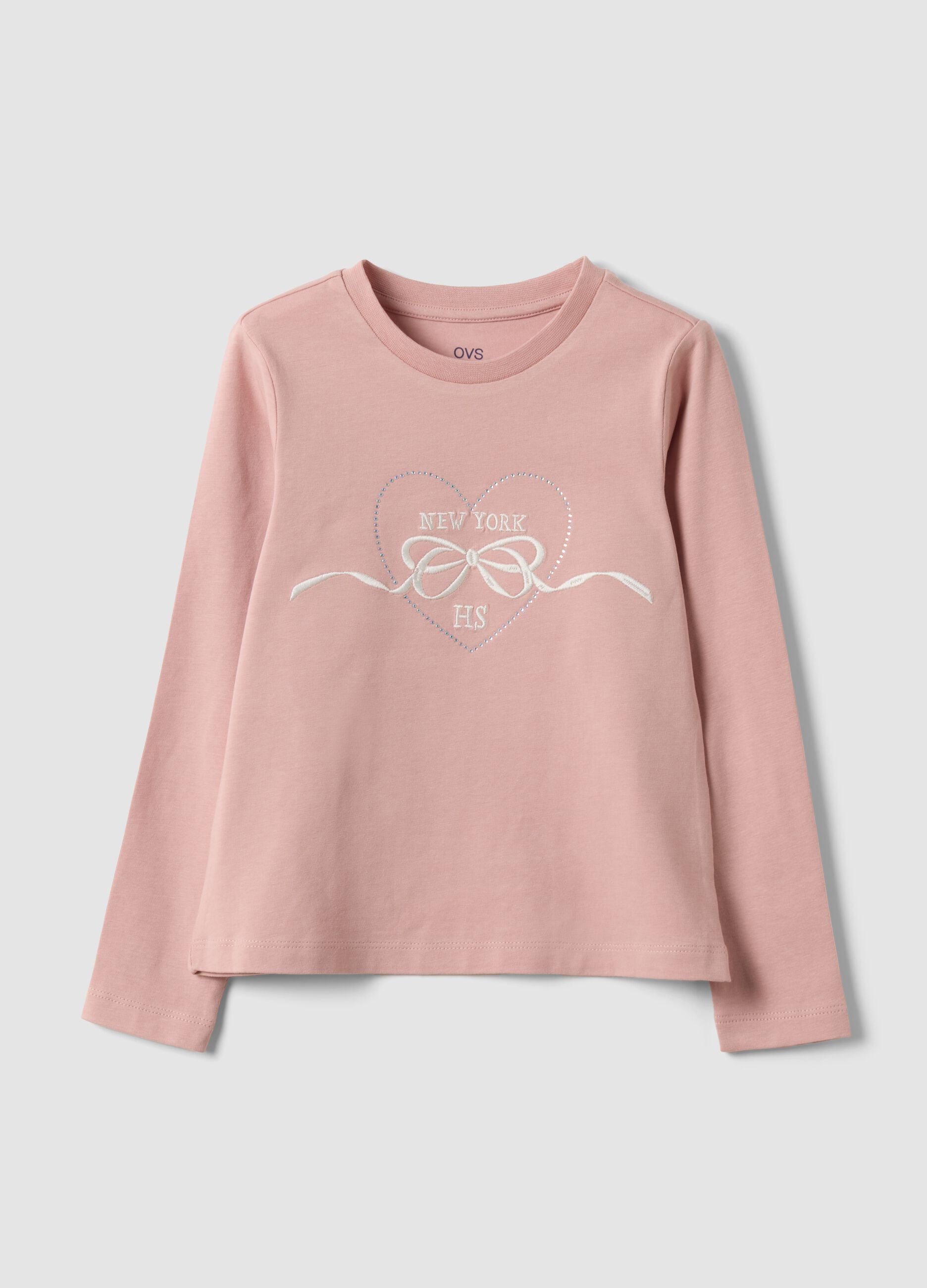 Pink stretch cotton T-shirt with bow embroidery for girls