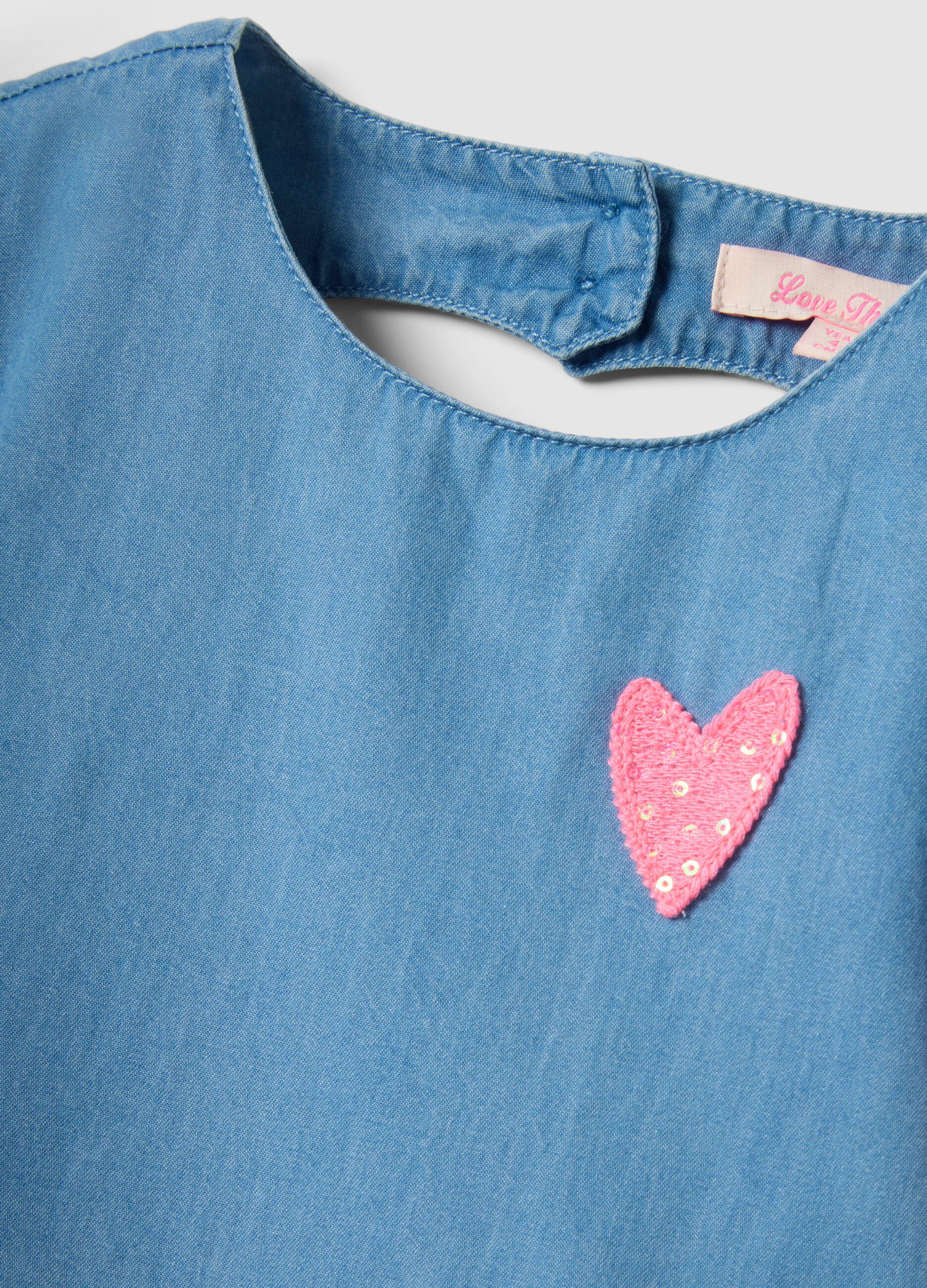 Girls' regular fit blue denim pure cotton dress with ruffles