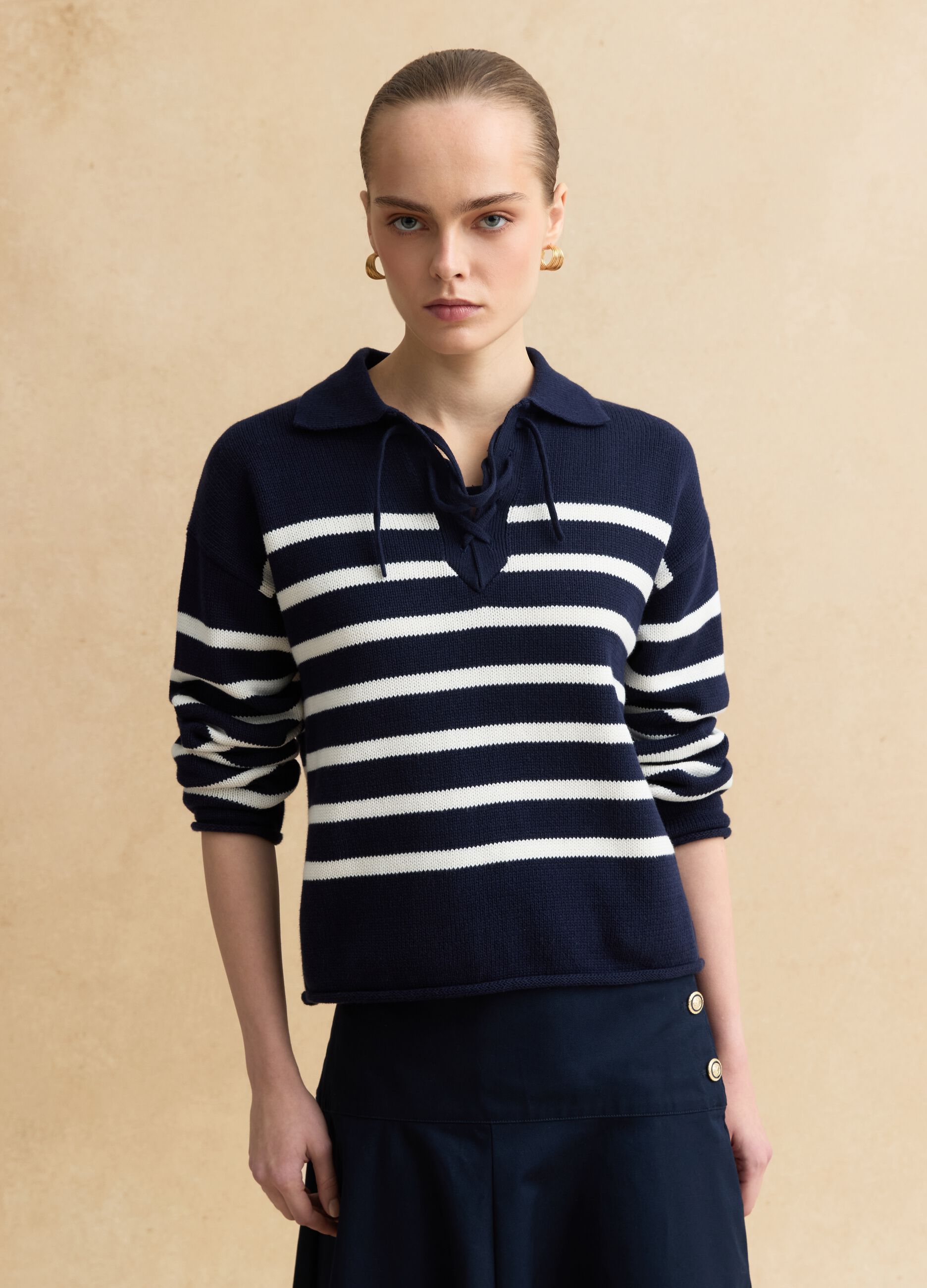 Multi-coloured striped pure cotton sweater, regular fit, deep V