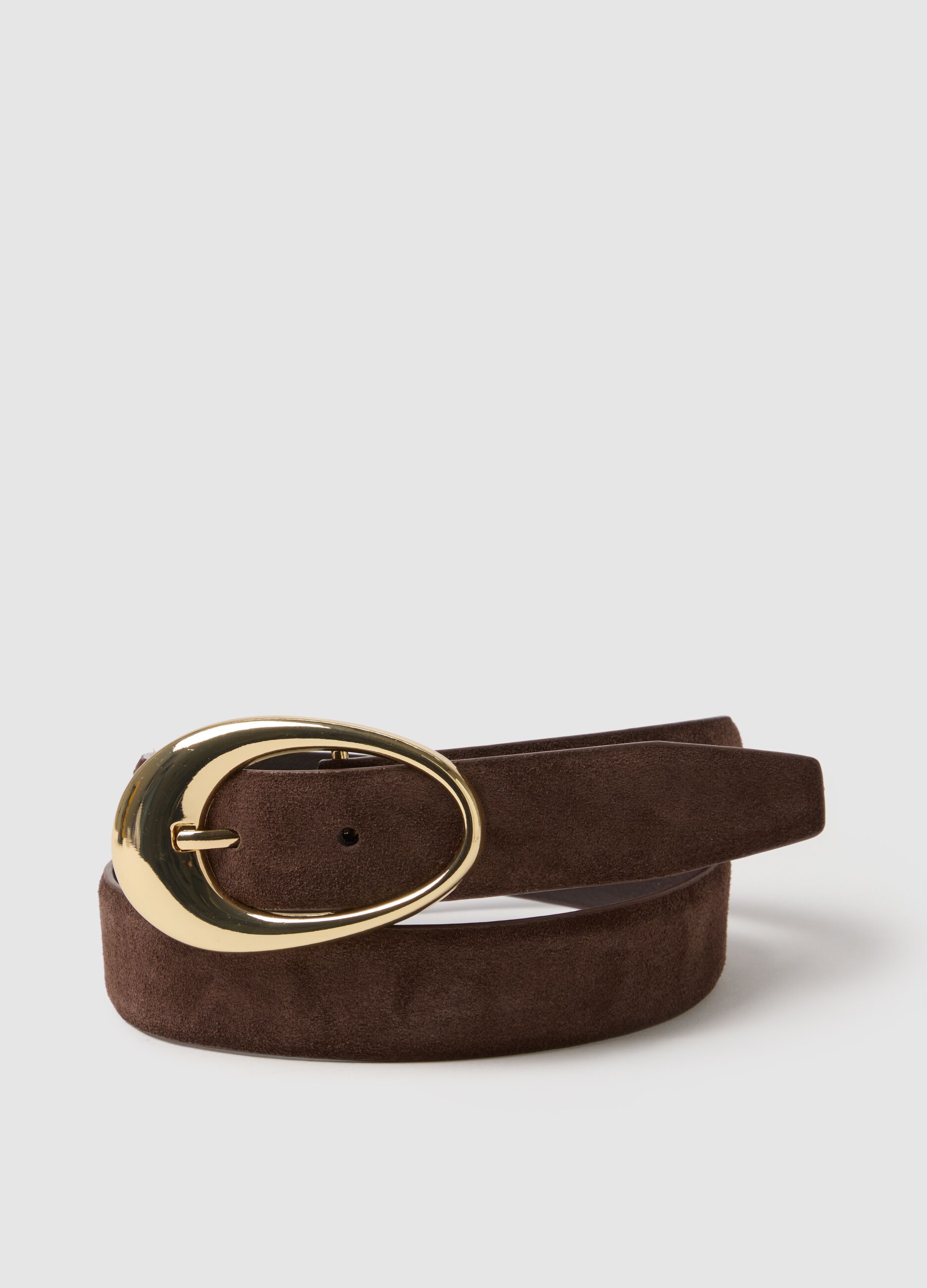 Brown genuine leather belt with golden buckle