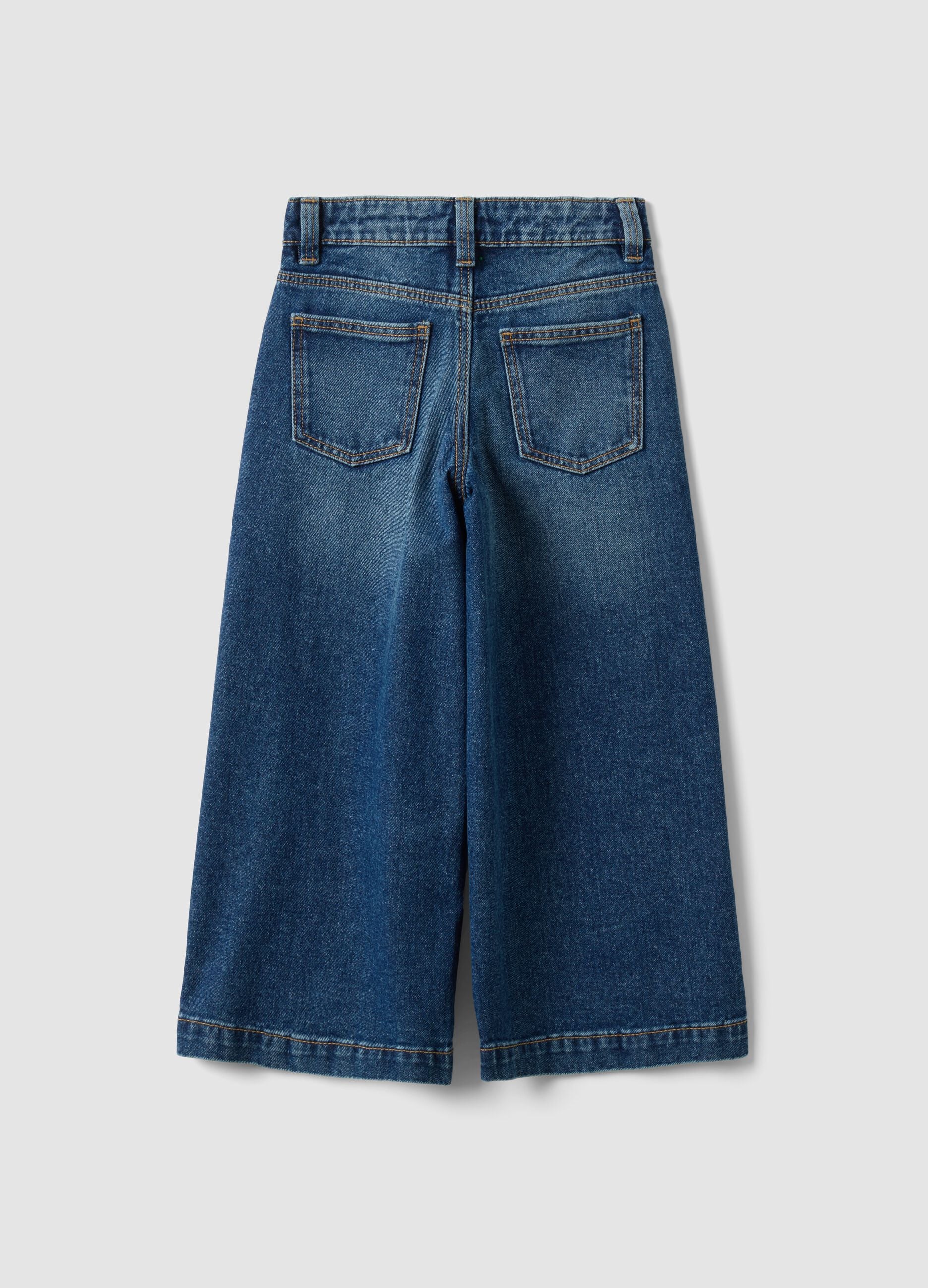 Blue wide-leg pure cotton jeans with patches for girls