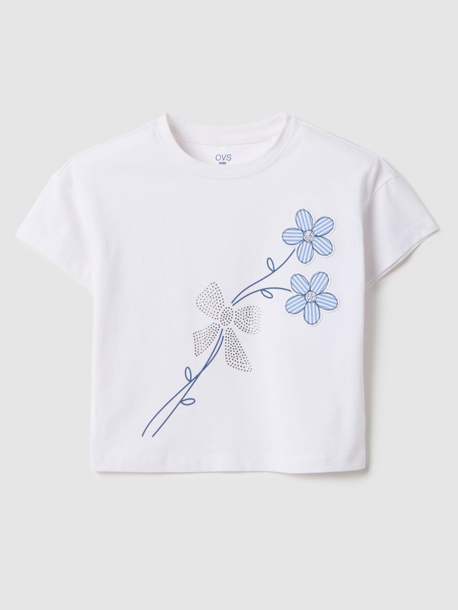 Girls' white stretch cotton T-shirt with regular fit and rhinestones_0