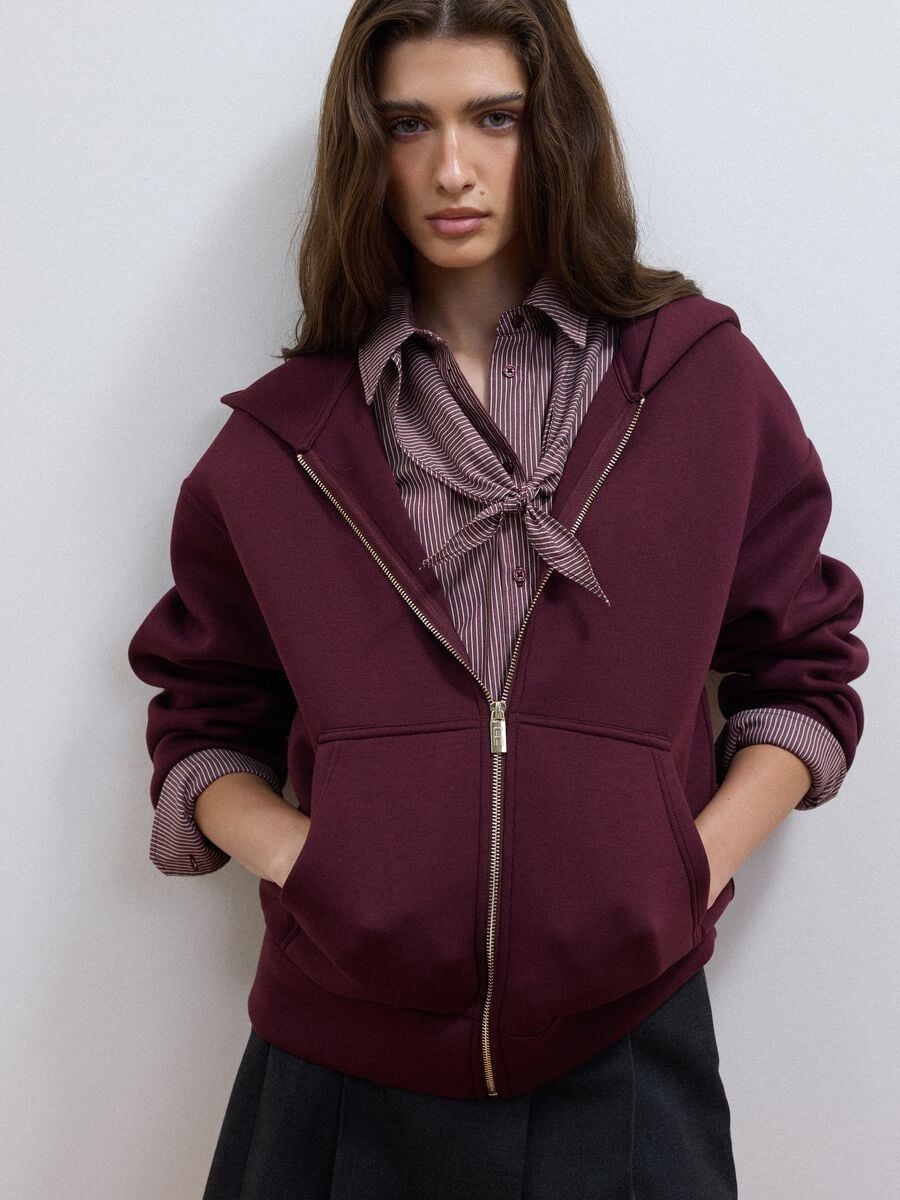 Burgundy stretch viscose full-zip sweatshirt, oversized fit_0