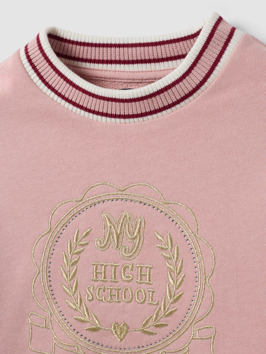 Pink pure cotton crew-neck sweatshirt with front embroidery for girls_2