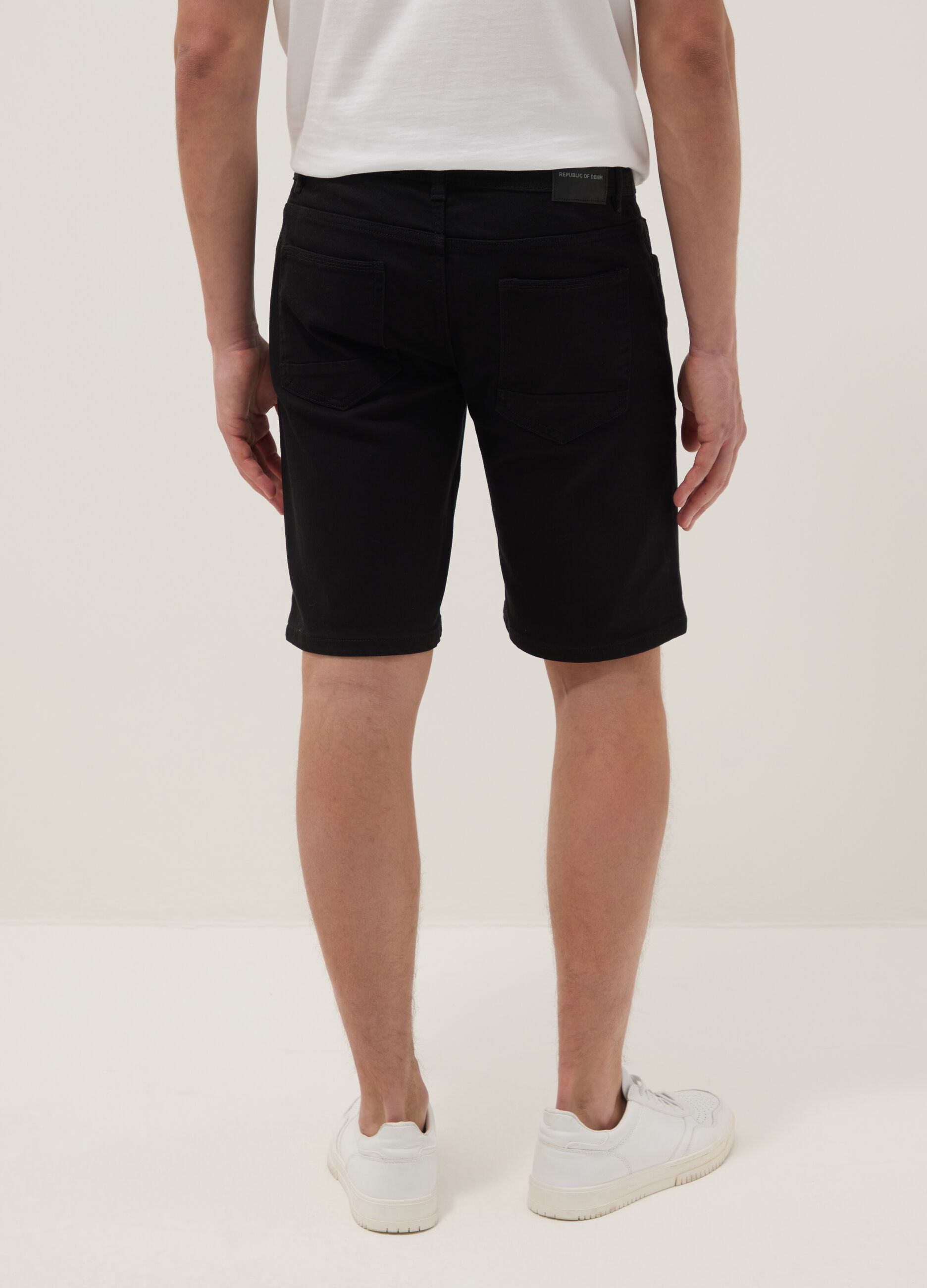 Black slim-fit stretch cotton denim Bermuda shorts