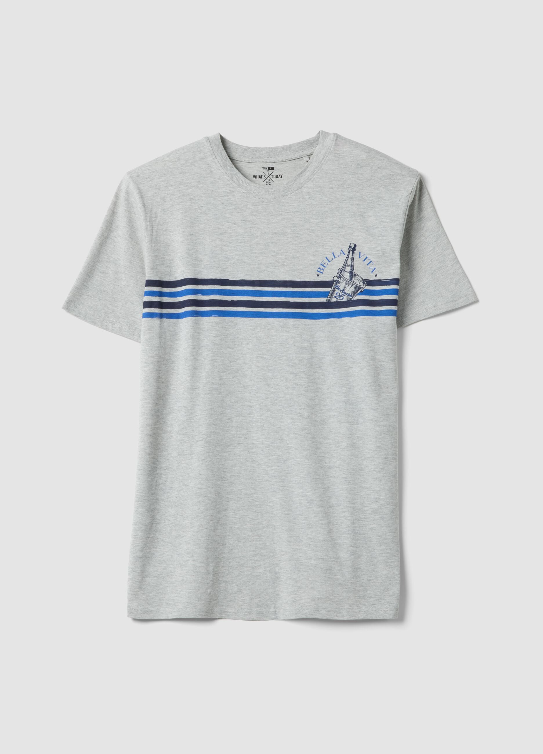 Grey pure cotton T-shirt with blue stripes