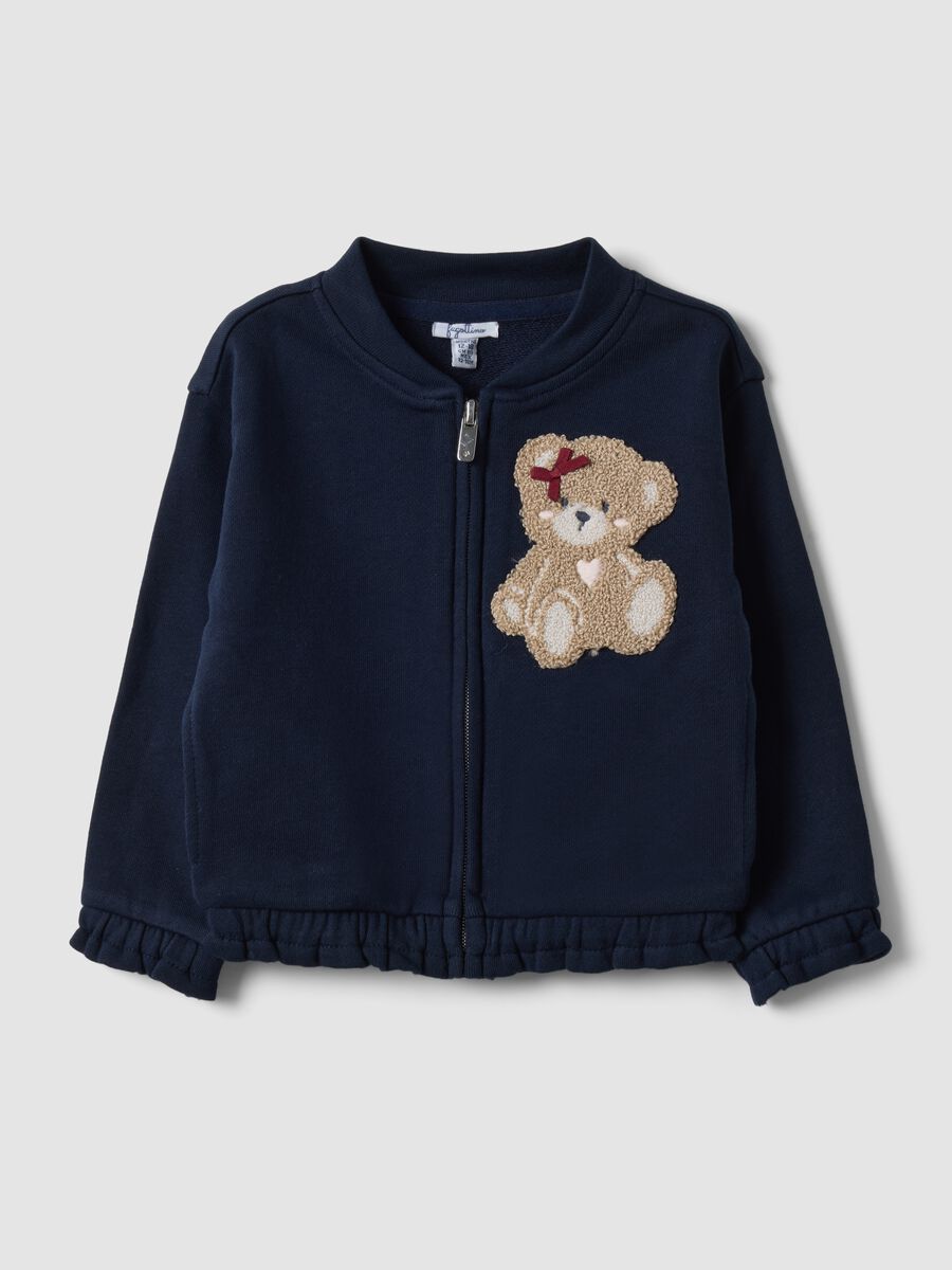Felpa blu in puro cotone con girocollo e zip e orsetto per bimba_0