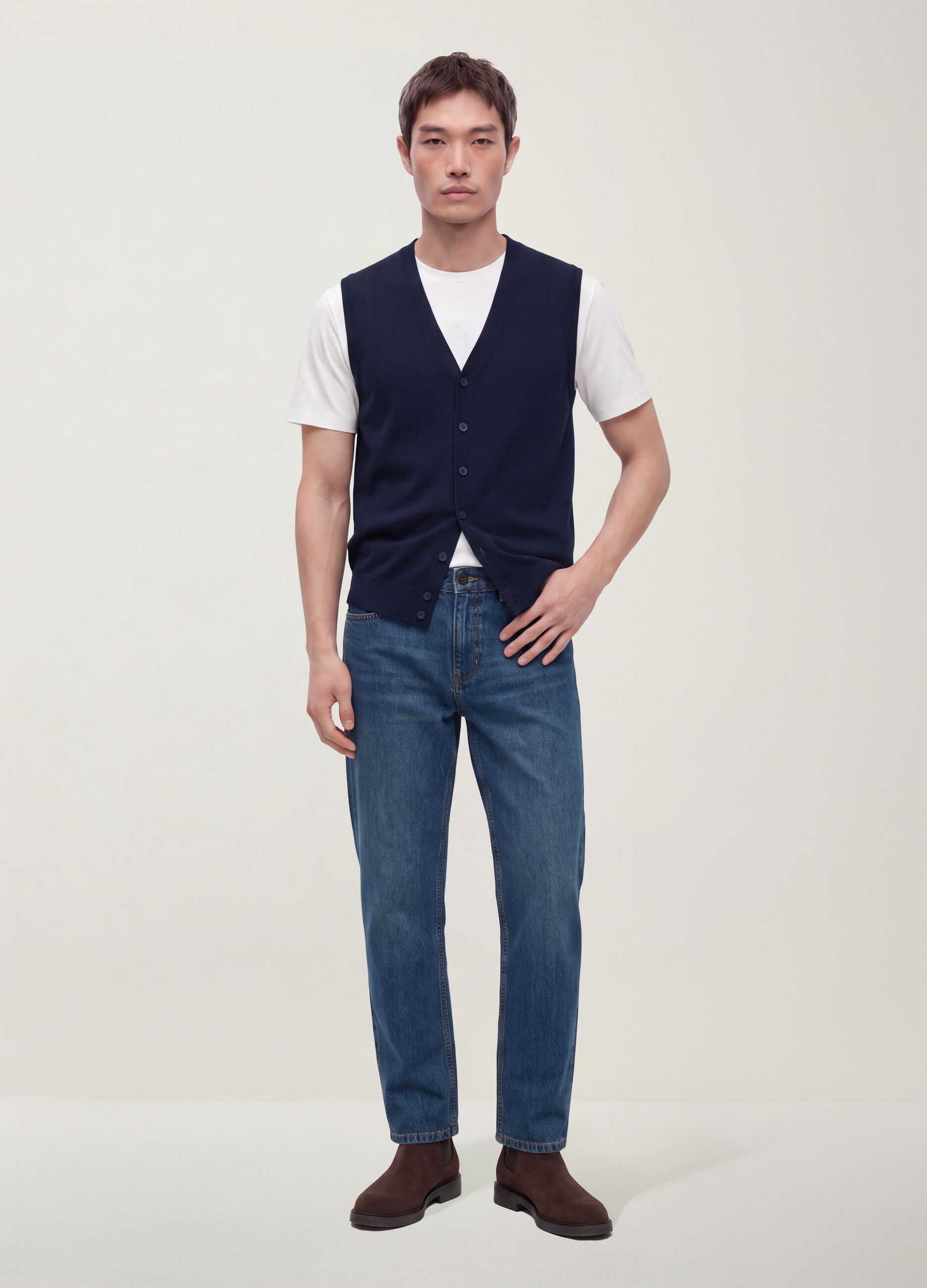 Blue viscose-blend waistcoat with deep V-neck, regular fit