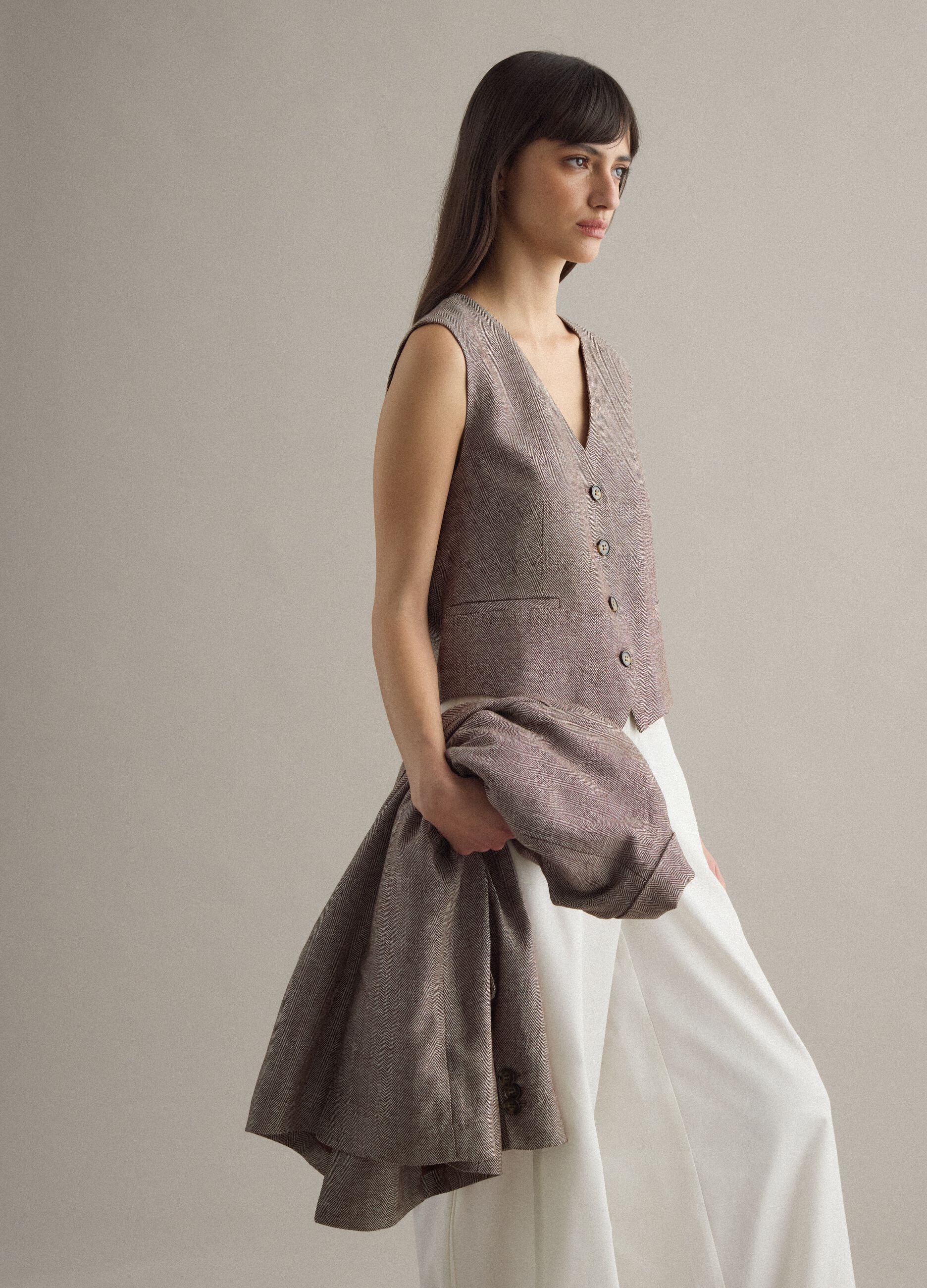 Multicolour striped regular fit viscose and linen blend waistcoat