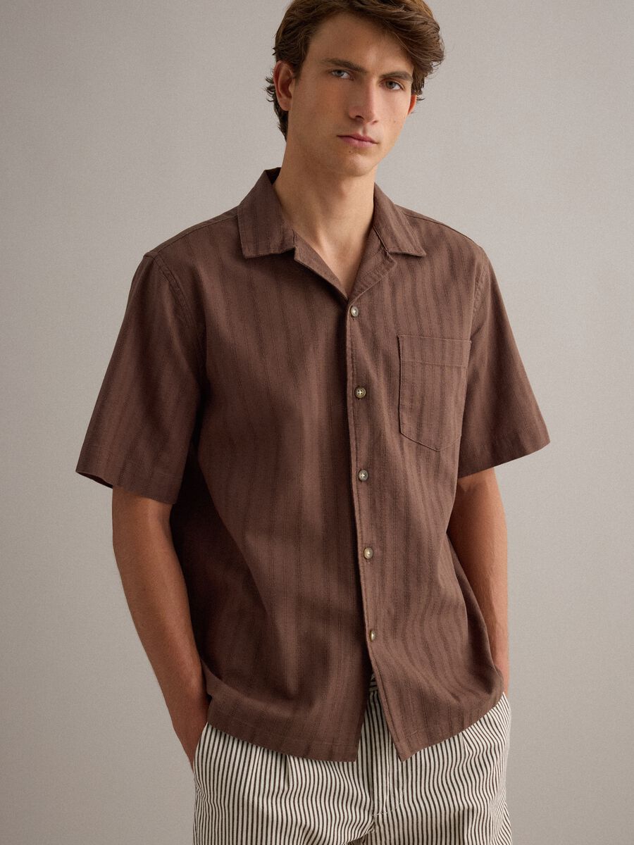 Brown pure cotton regular-fit striped shirt with chest pocket_0