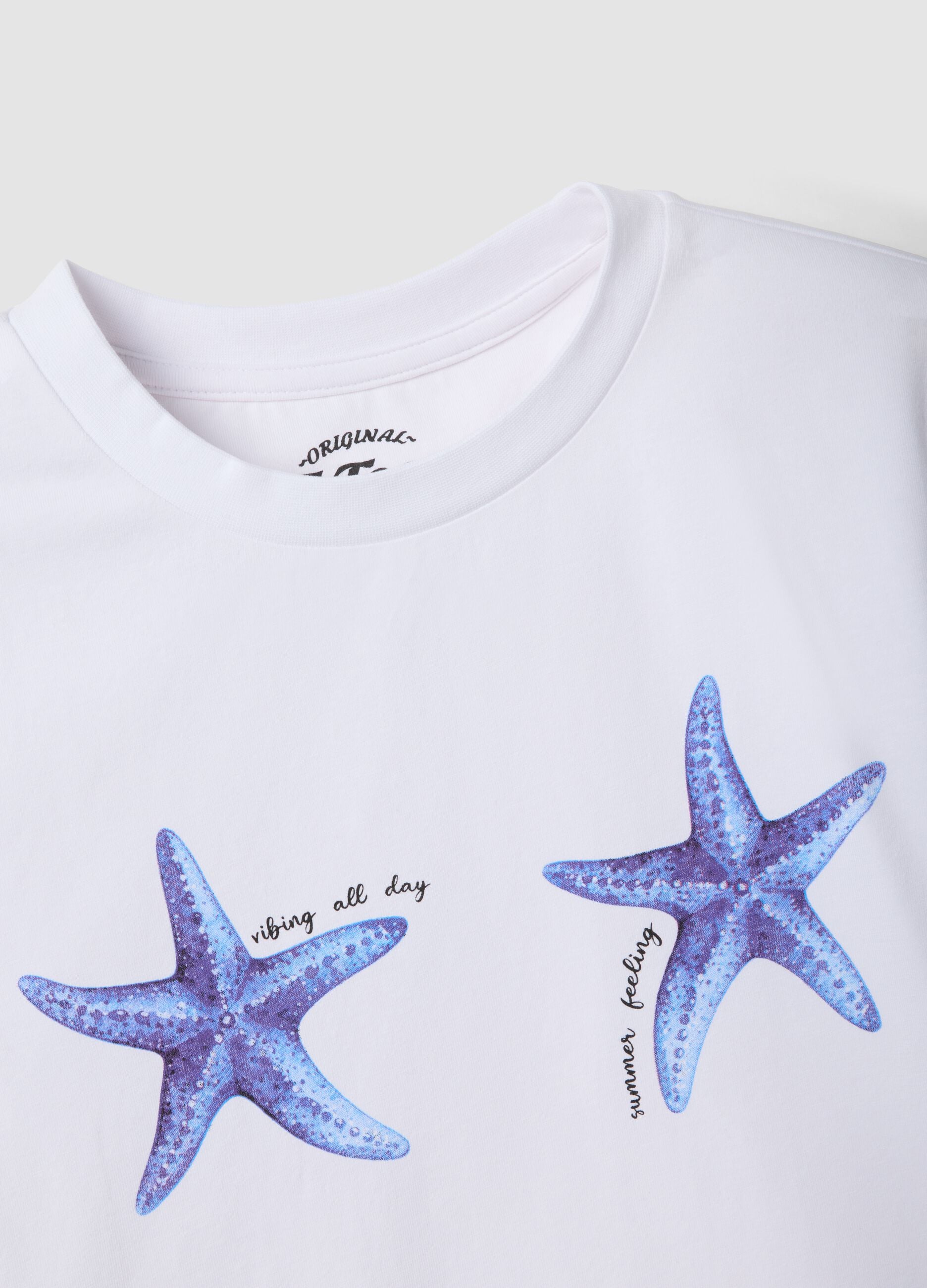 White regular fit stretch cotton t-shirt with starfish