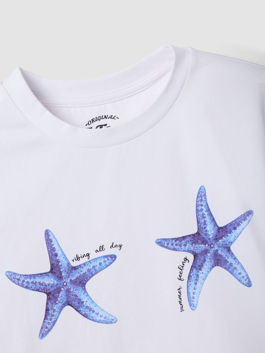 White regular fit stretch cotton t-shirt with starfish_5