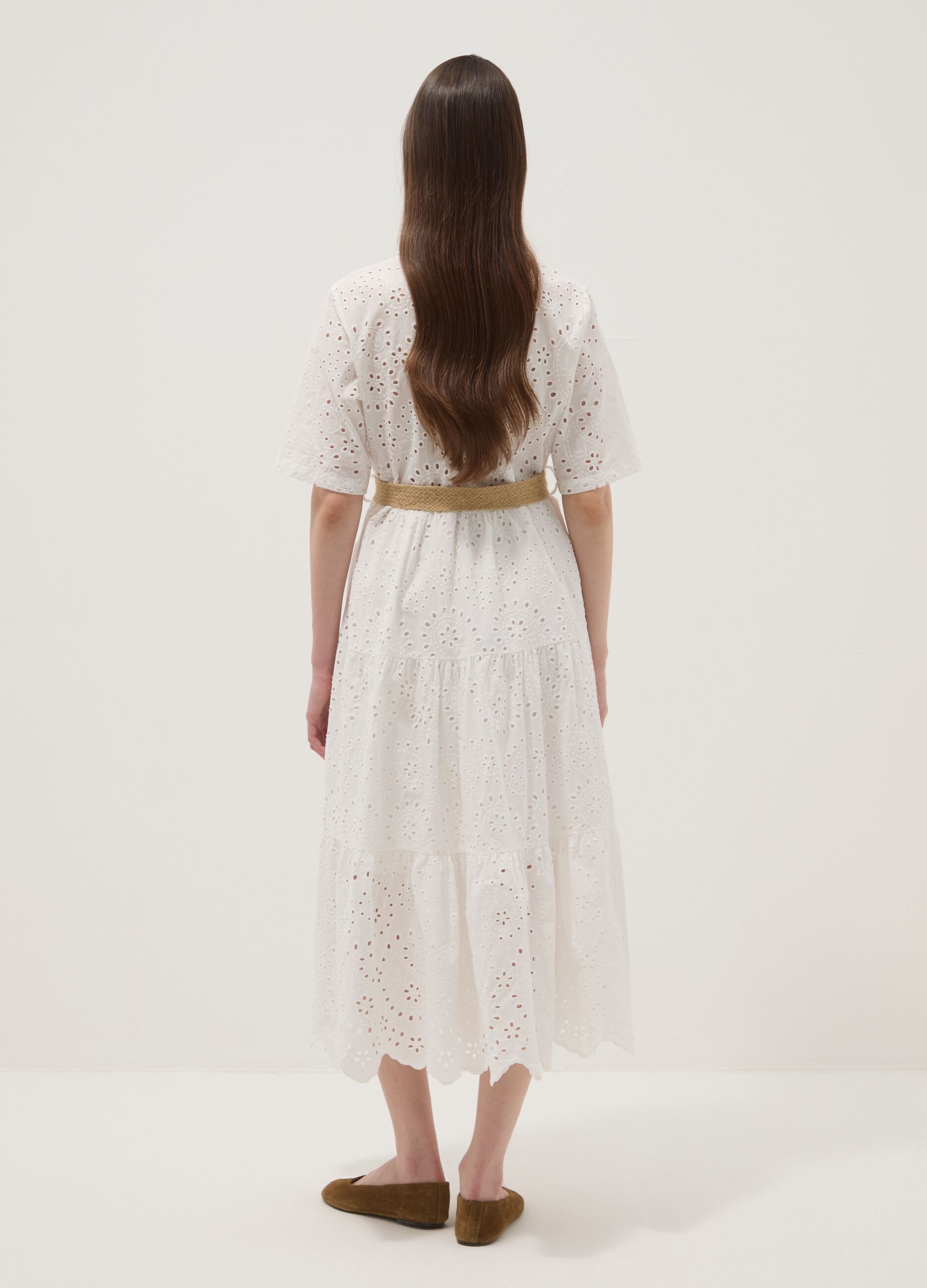 White midi broderie cotton dress with braided belt