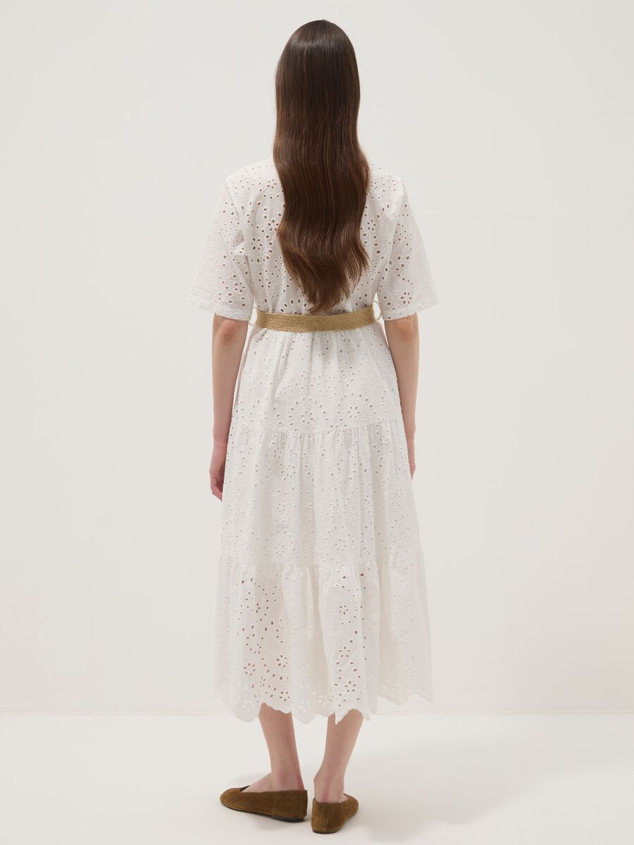 White midi broderie cotton dress with braided belt_3