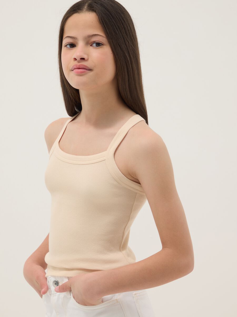 Tank top fitted beige in cotone elasticizzato a coste da ragazza_0