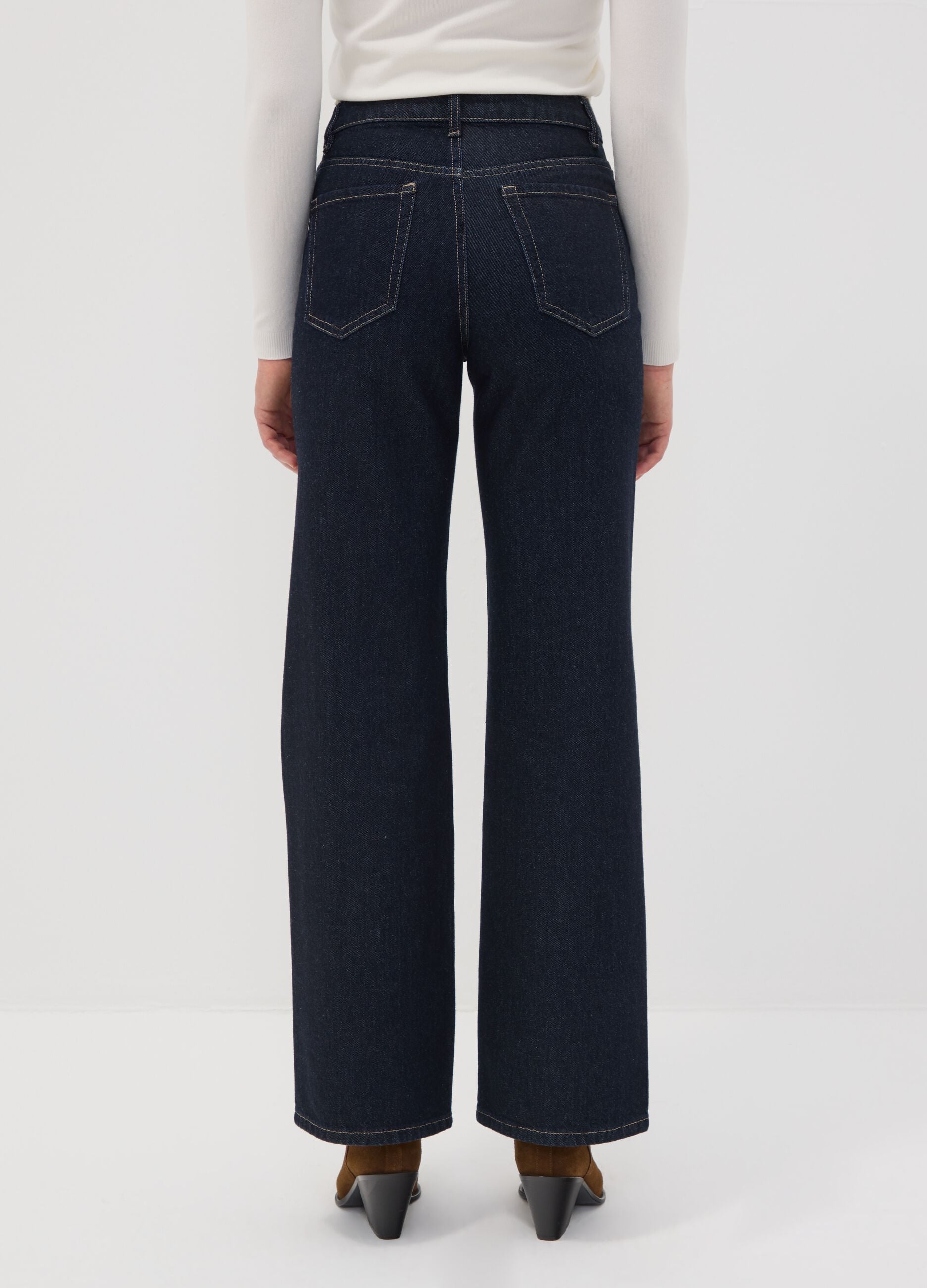 High-waisted wide-leg blue denim jeans in pure cotton