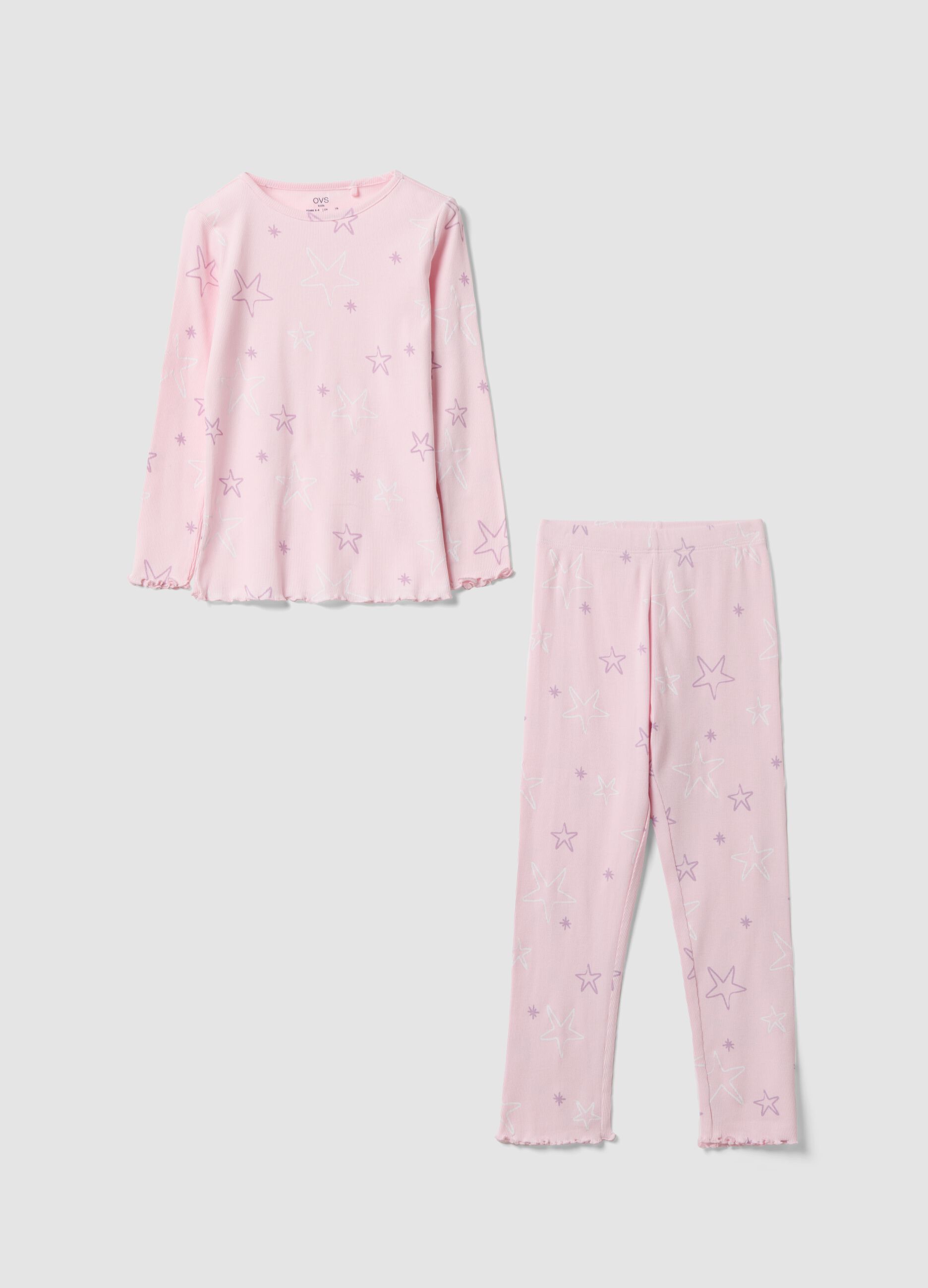 Pink organic ribbed cotton star pyjamas for girls