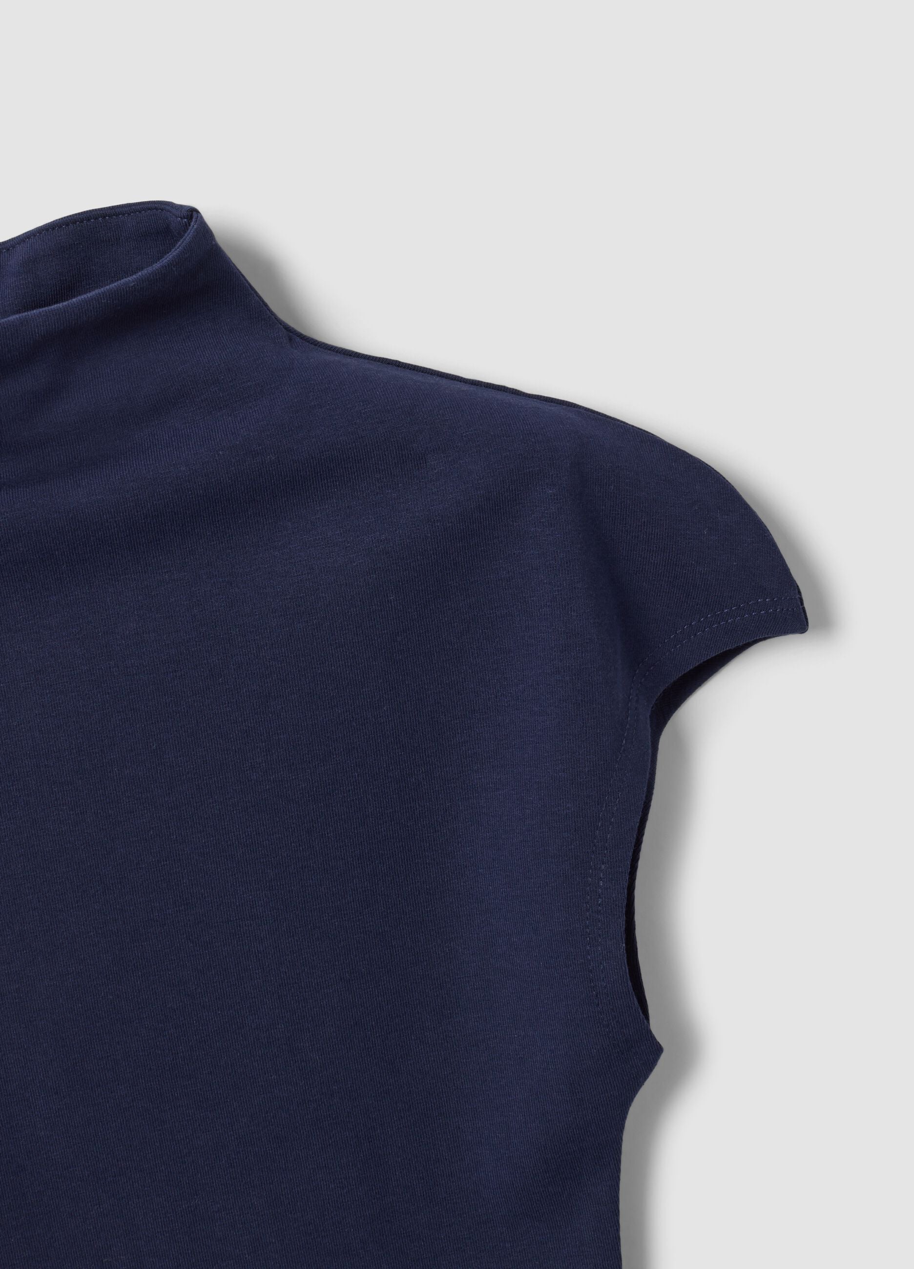 Blue fitted modal and stretch cotton T-shirt with raised neckline
