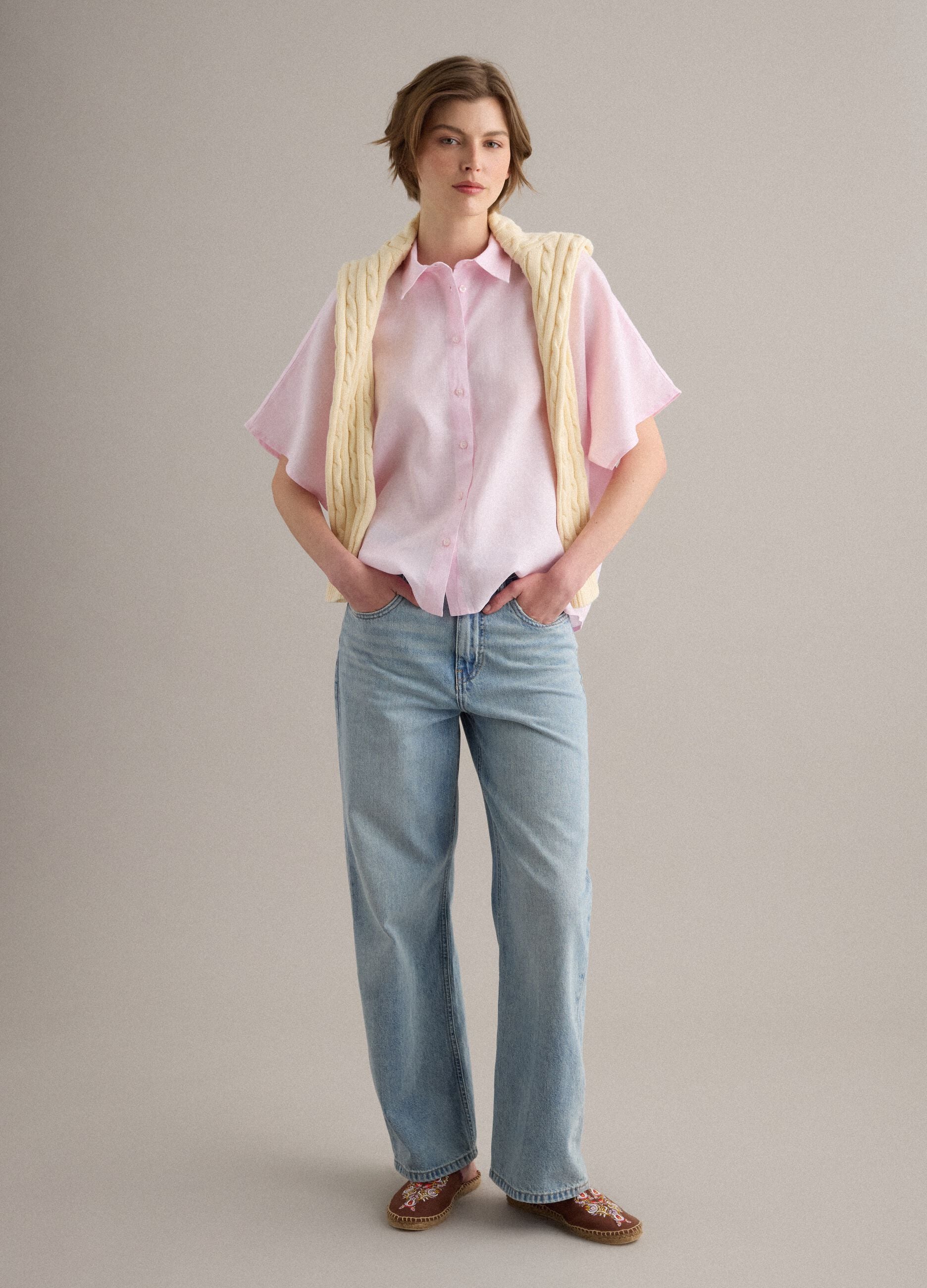 Pink pure linen regular-fit shirt