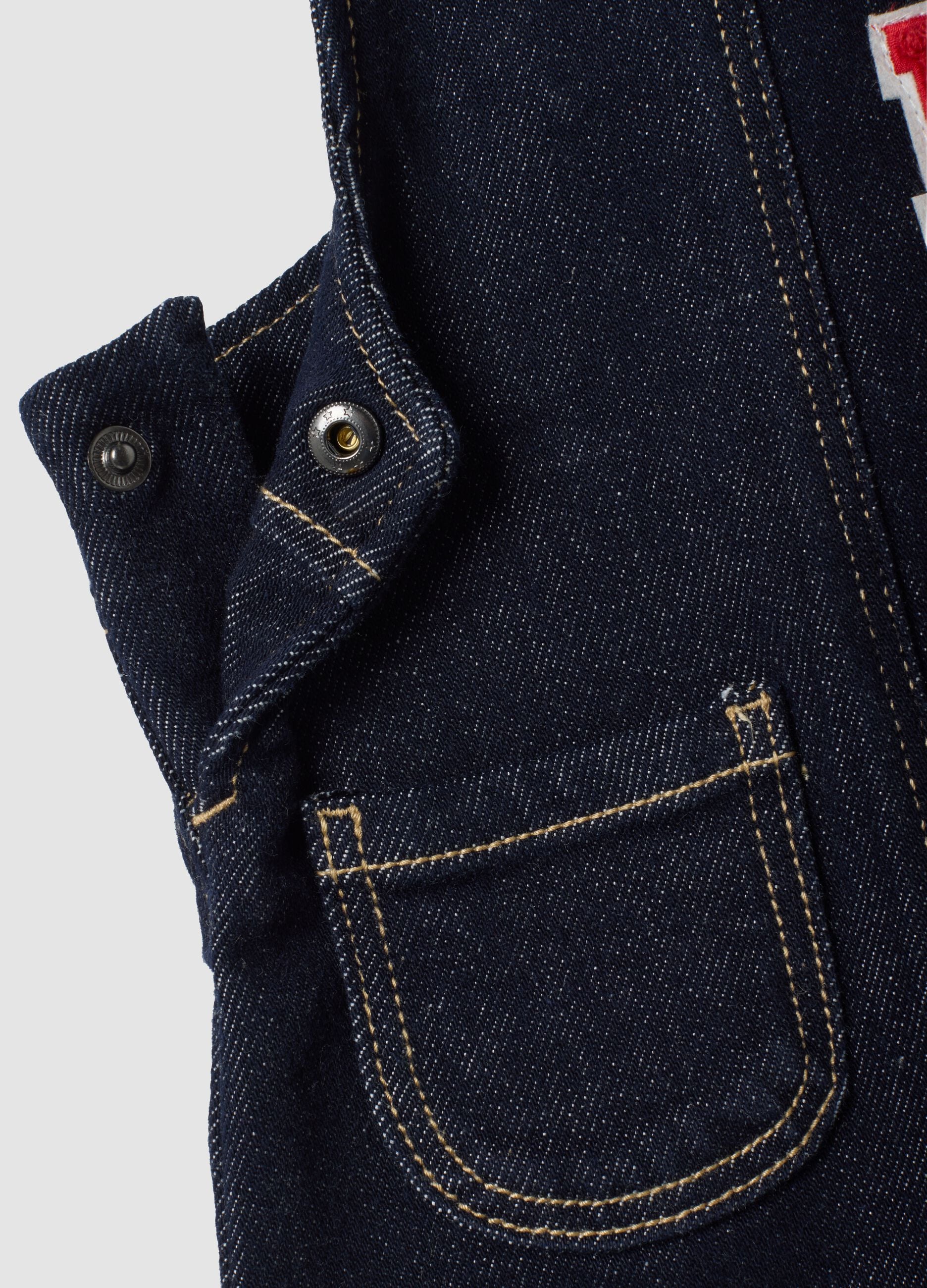Blue stretch cotton dungarees with teddy bear embroidery for baby