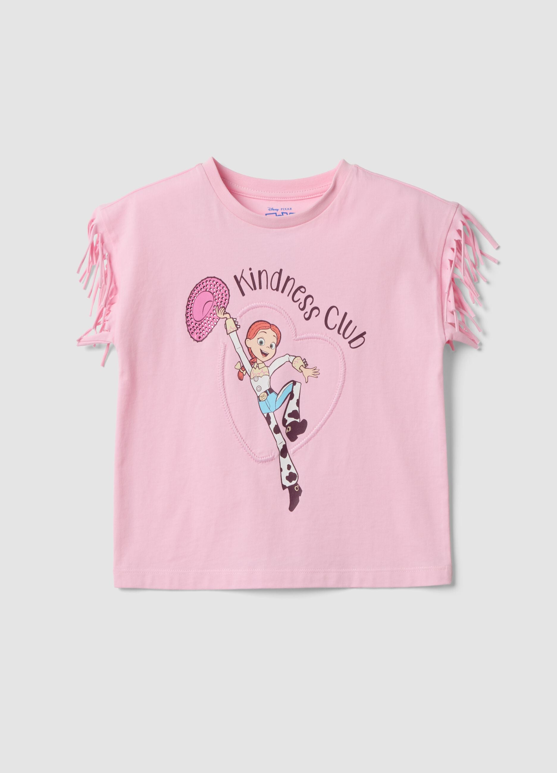 Pink pure cotton T-shirt with fringed sleeves and Toy Story print